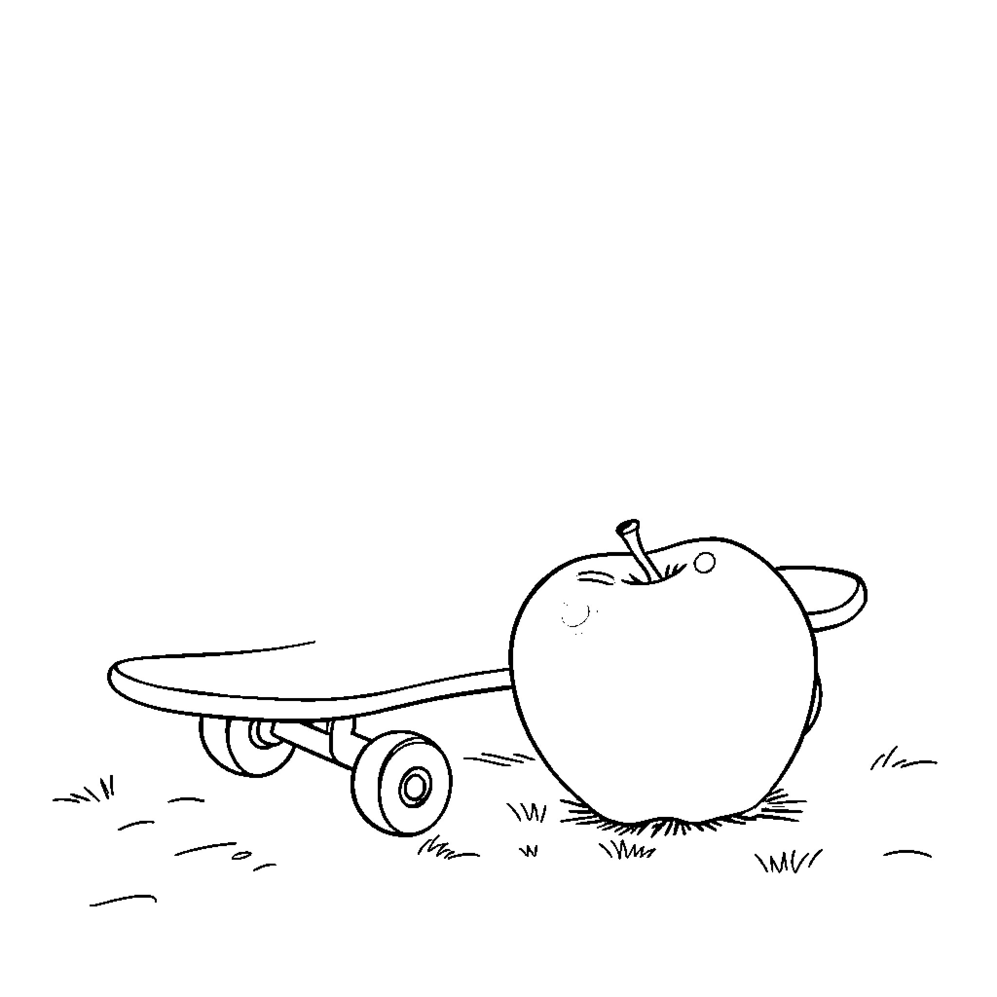 Apple on Skateboard Adventure Coloring Page (free black-and-white line drawing printable PDF for all, from beginners to advanced learners, including children, teens, adults, and seniors)