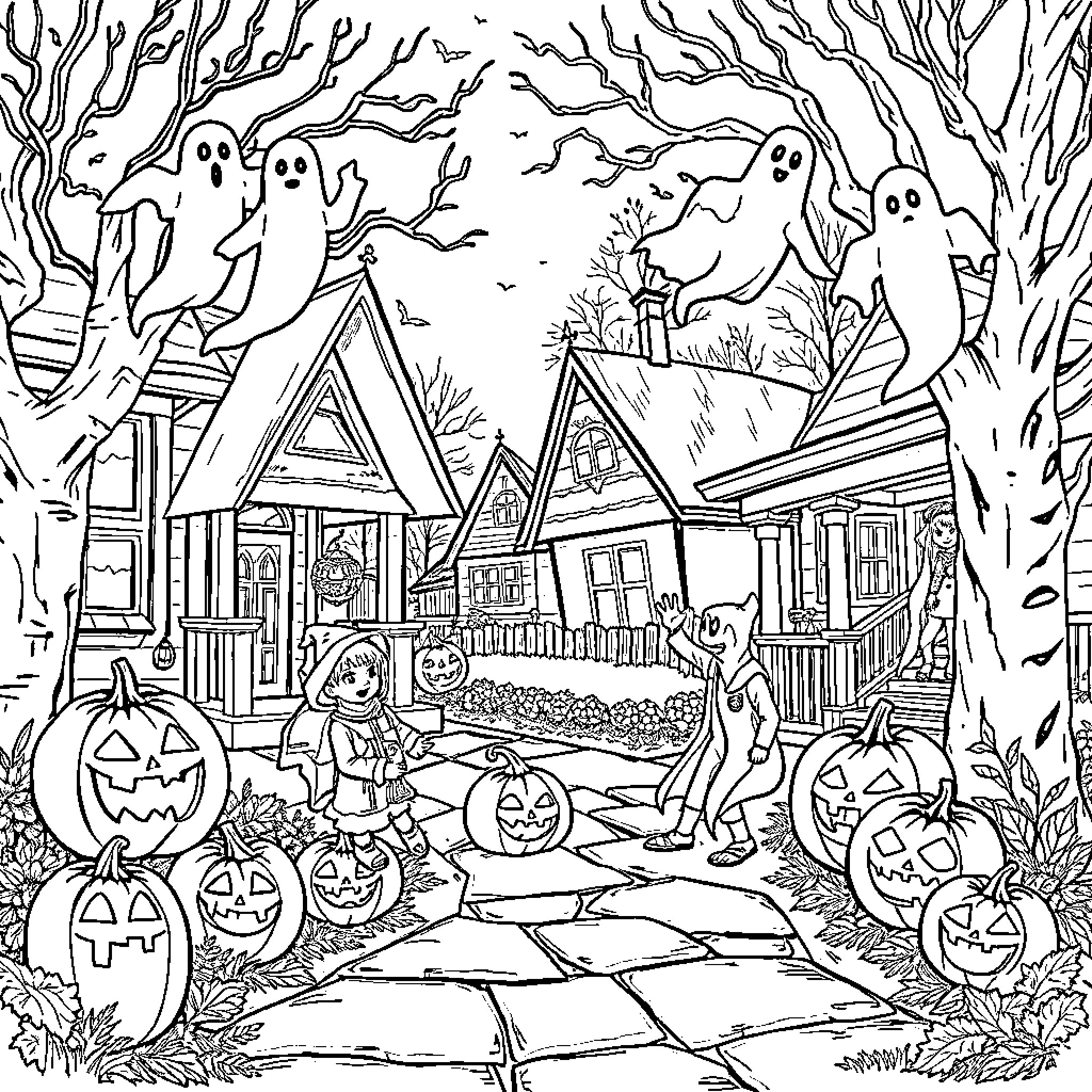 Halloween Ghosts and Pumpkins in a Spooky Village Coloring Page (free black-and-white line drawing printable PDF for all, from beginners to advanced learners, including children, teens, adults, and seniors)