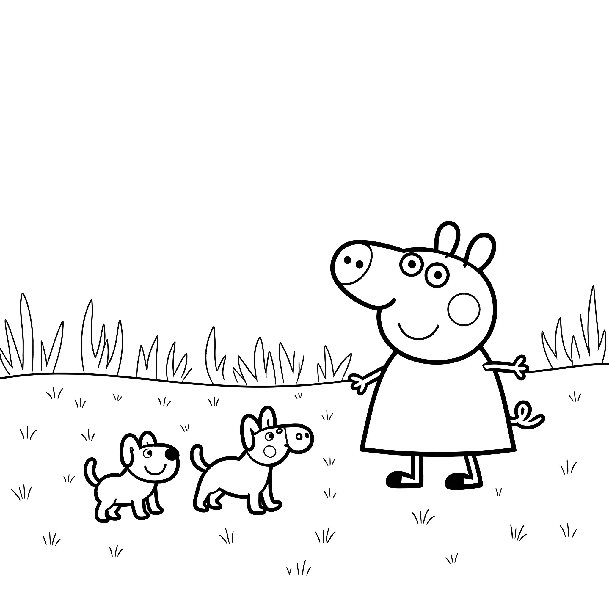Peppa Pig and her friends playing outdoors Coloring Page (free black-and-white line drawing printable PDF for all, from beginners to advanced learners, including children, teens, adults, and seniors)