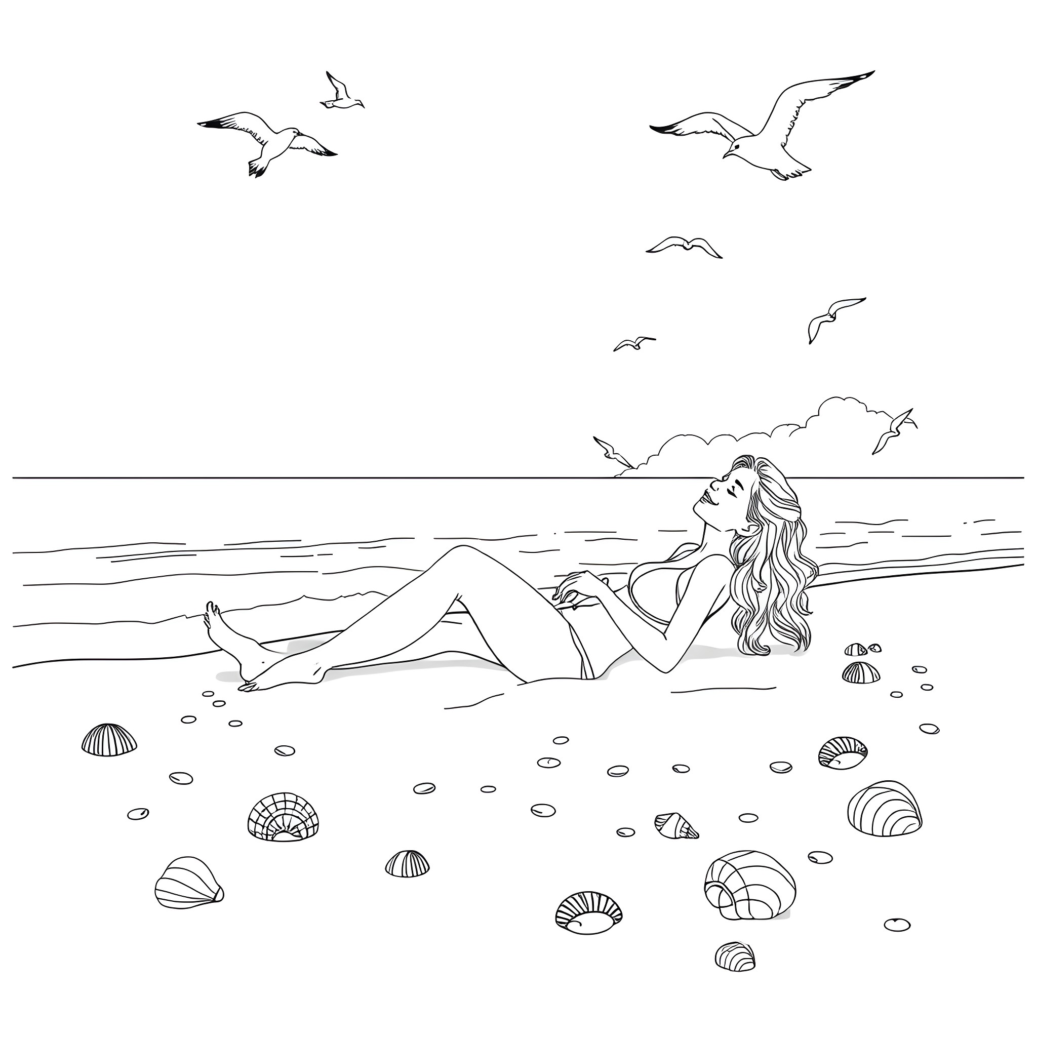 Sydney Sweeney relaxing on the beach with seagulls Coloring Page (free black-and-white line drawing printable PDF for all, from beginners to advanced learners, including children, teens, adults, and seniors)