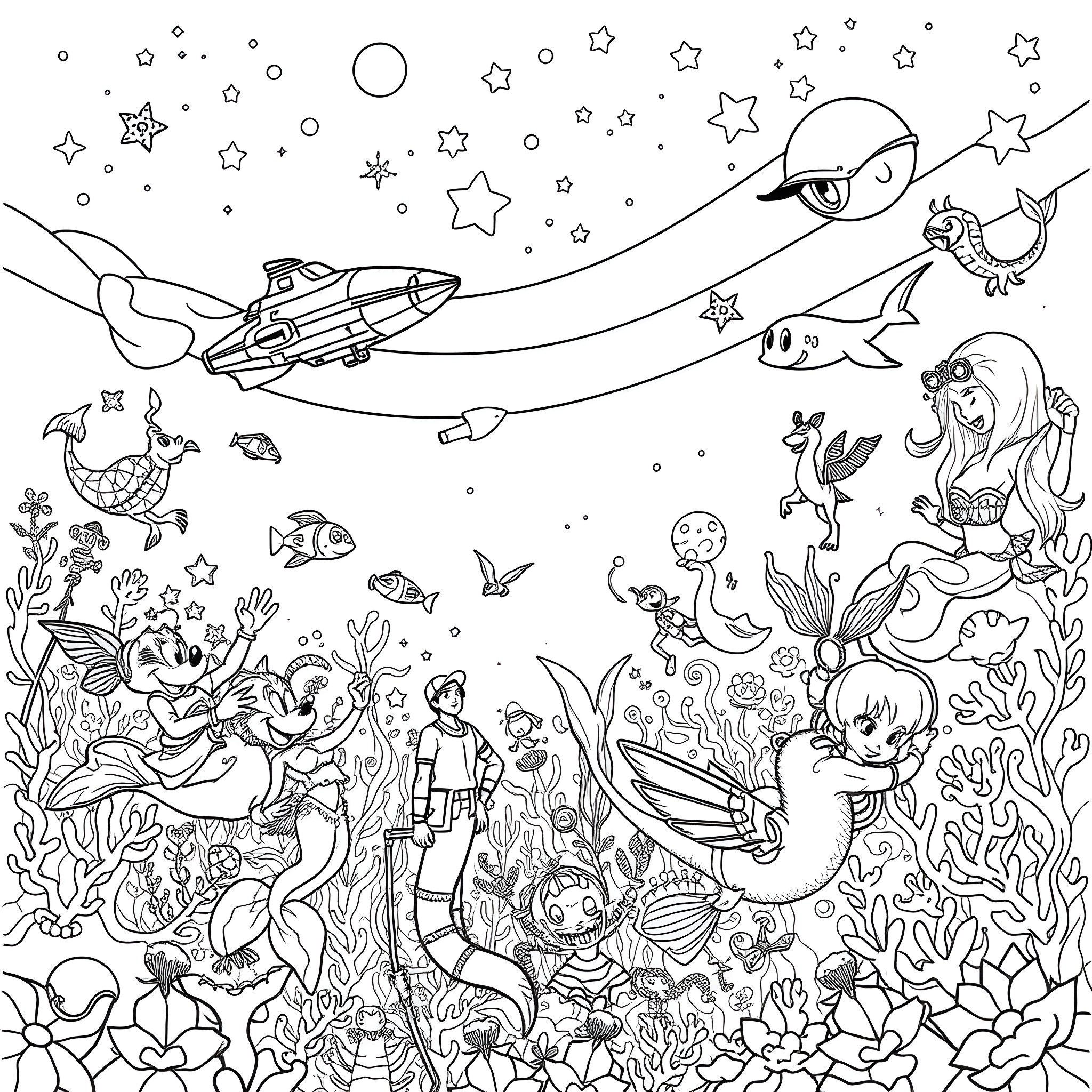 Mermaid Wonderland: Enchanting Aquatic Creatures and Scenes Coloring Page (free black-and-white line drawing printable PDF for all, from beginners to advanced learners, including children, teens, adults, and seniors)
