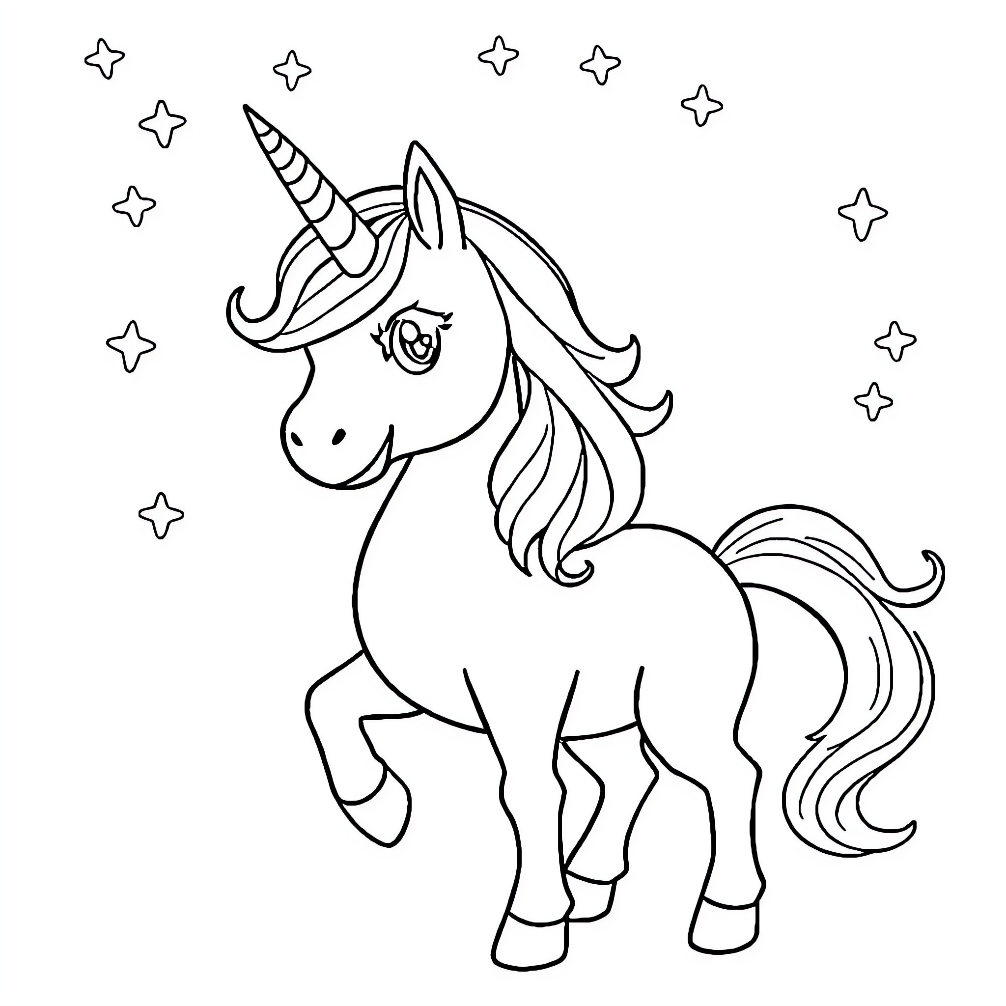 Unicornio standing with stars in the sky Coloring Page (free black-and-white line drawing printable PDF for all, from beginners to advanced learners, including children, teens, adults, and seniors)