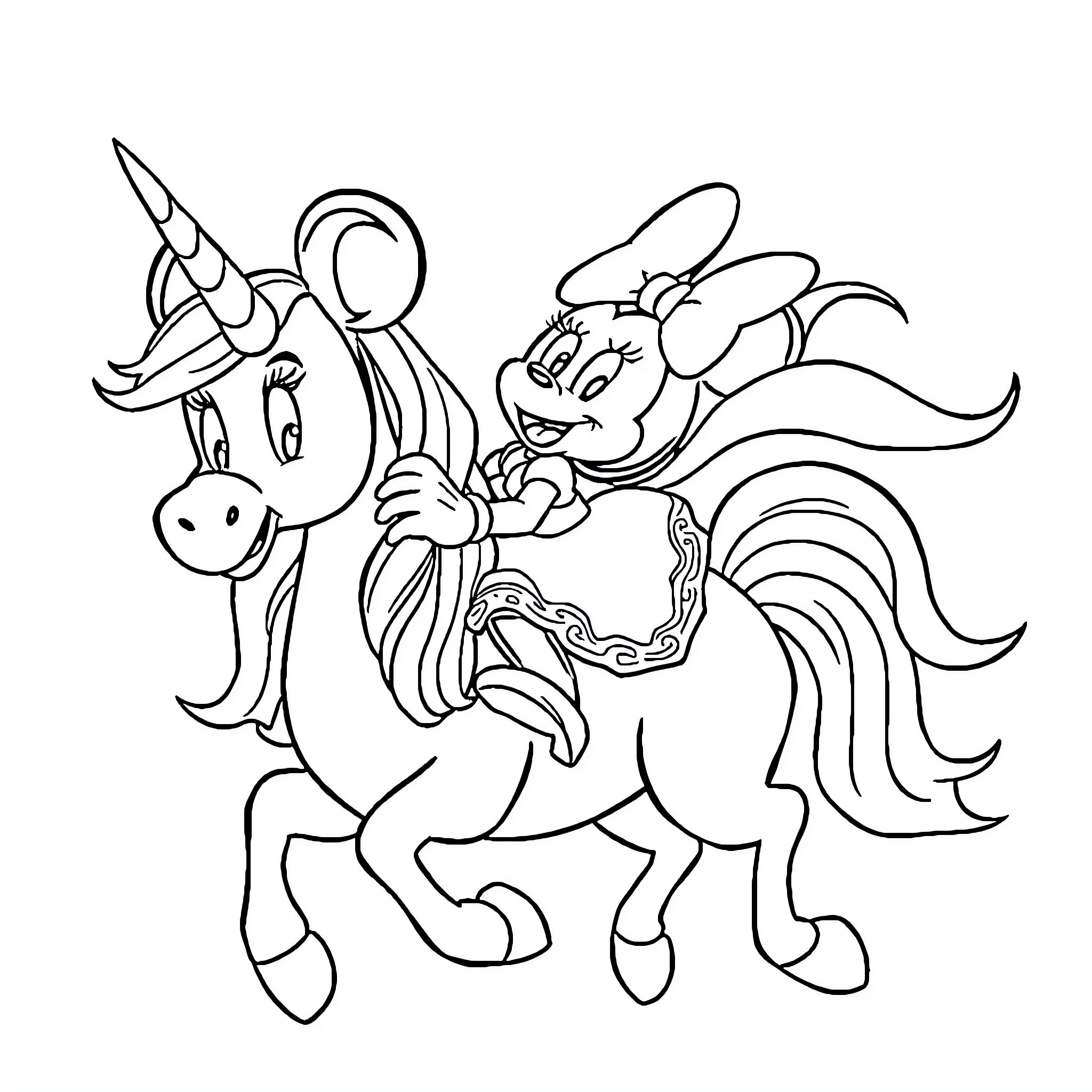 Minnie Mouse riding a unicorn in a magical scene Coloring Page (free black-and-white line drawing printable PDF for all, from beginners to advanced learners, including children, teens, adults, and seniors)