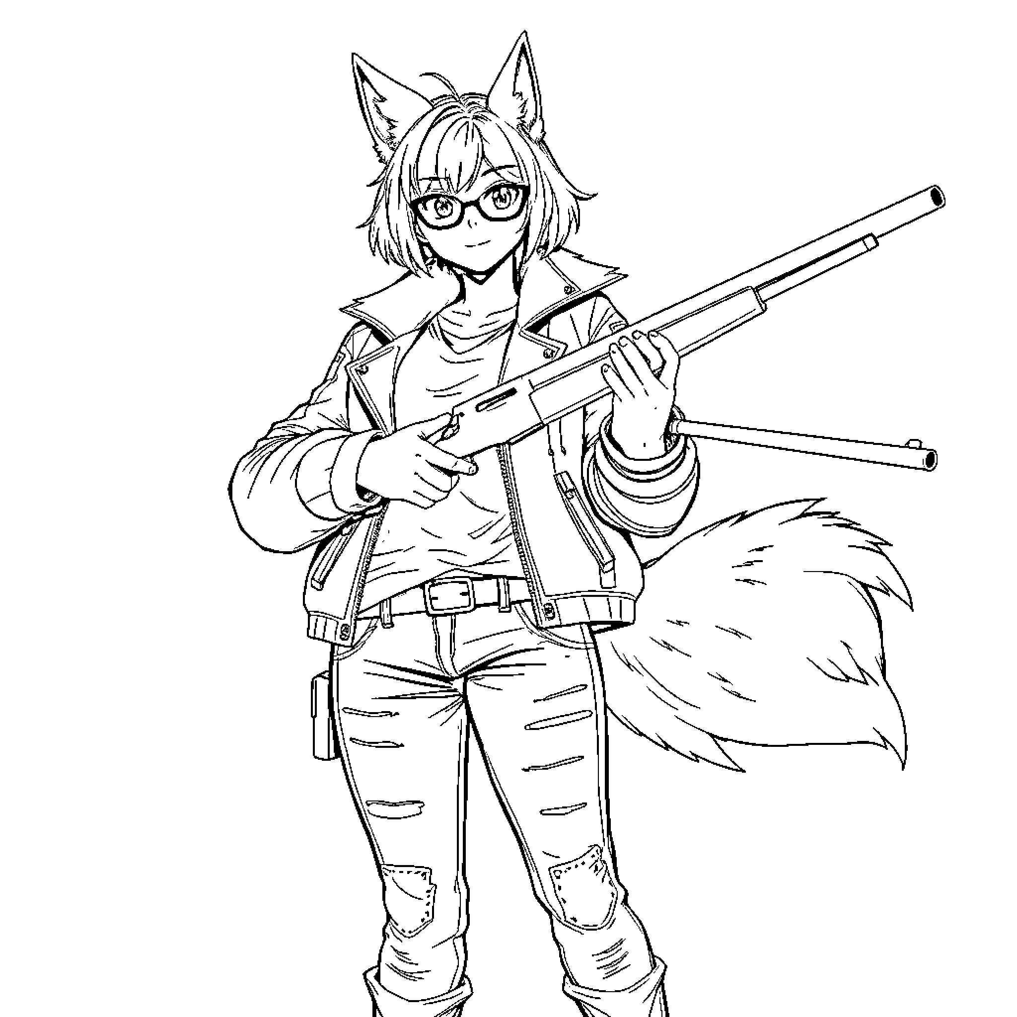 Wolf Girl Wielding Firearm in Combat Gear Coloring Page (free black-and-white line drawing printable PDF for all, from beginners to advanced learners, including children, teens, adults, and seniors)