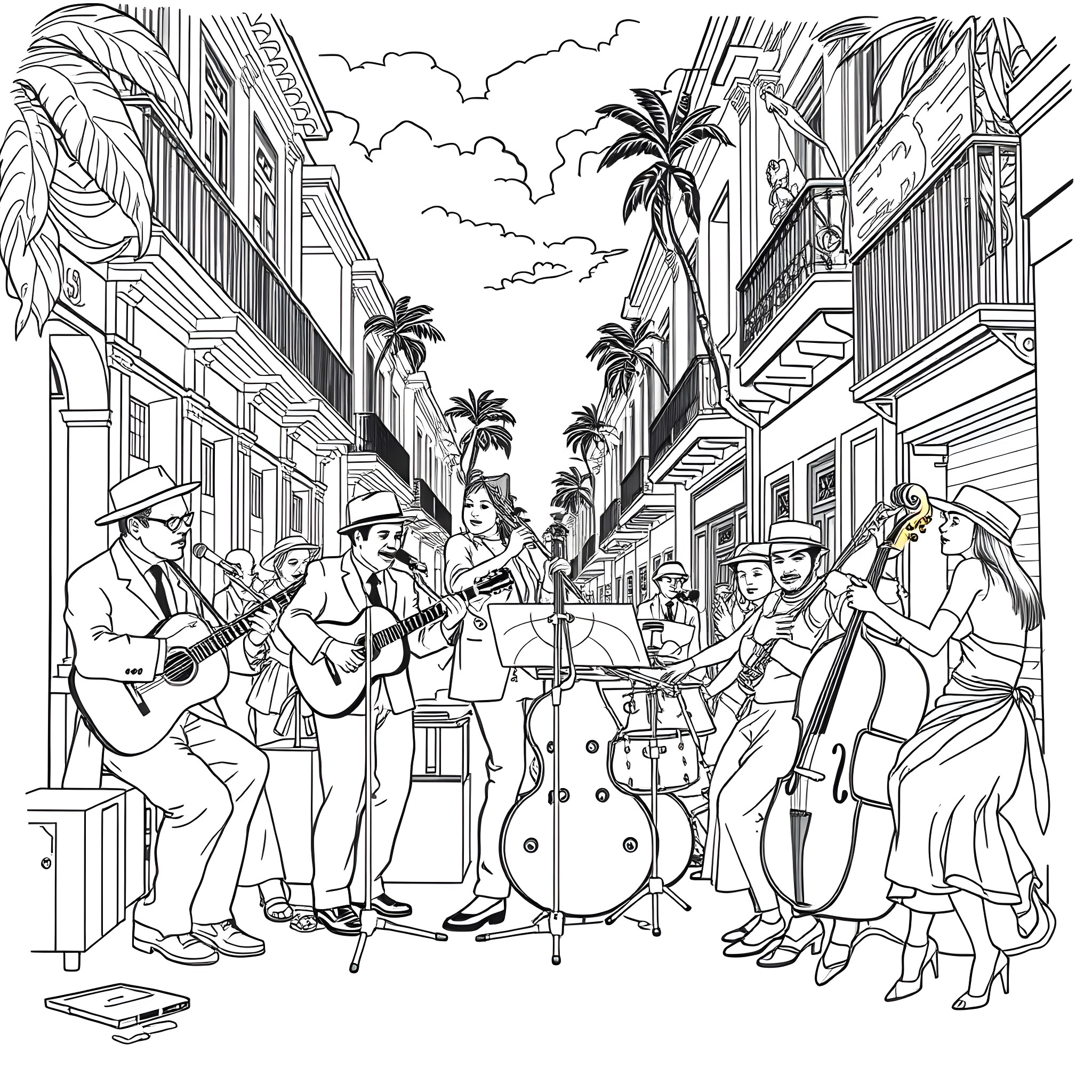 Buena Vista Social Club: Musicians Performing in Vibrant Street Scene Coloring Page (free black-and-white line drawing printable PDF for all, from beginners to advanced learners, including children, teens, adults, and seniors)
