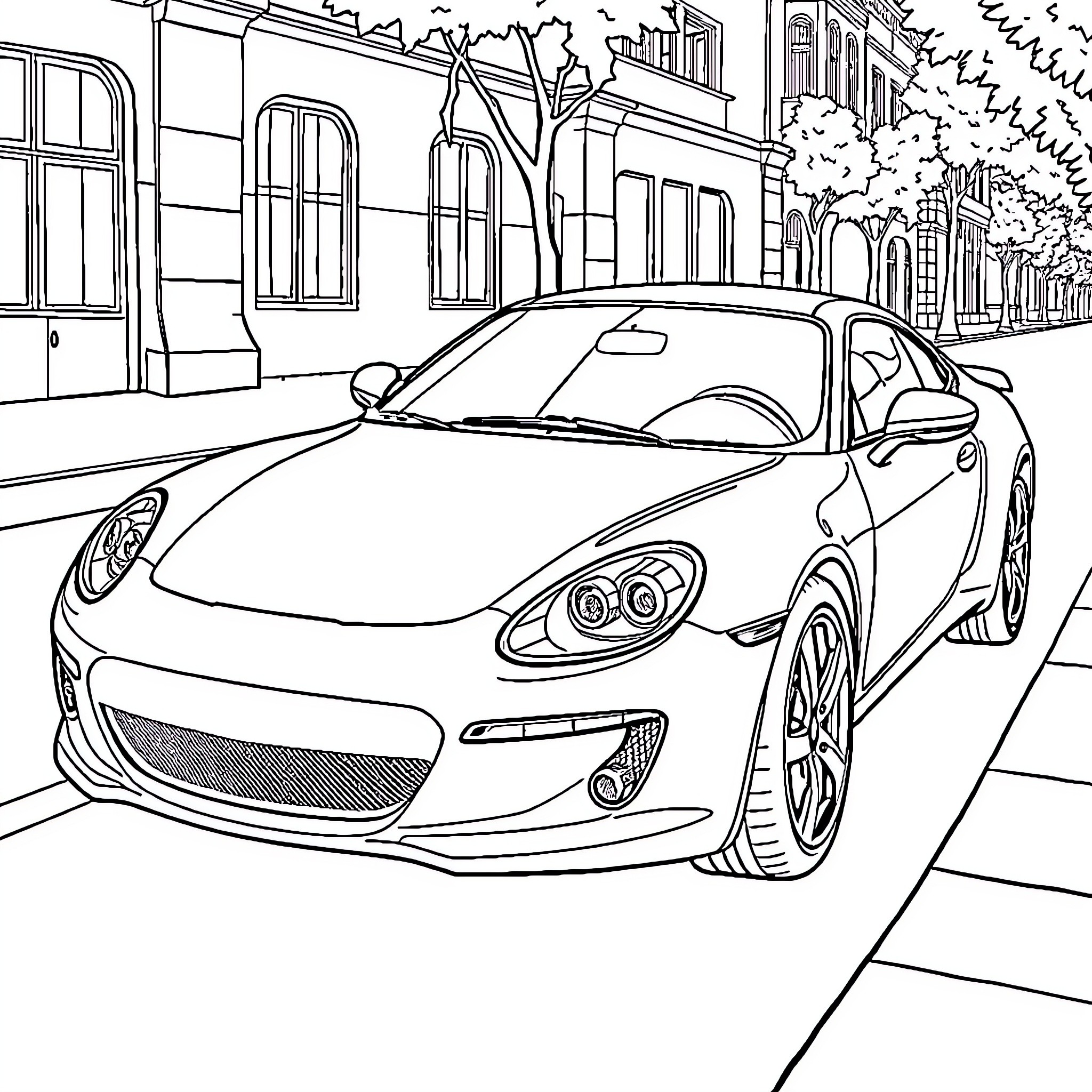 Car parked on city street with buildings Coloring Page (free black-and-white line drawing printable PDF for all, from beginners to advanced learners, including children, teens, adults, and seniors)