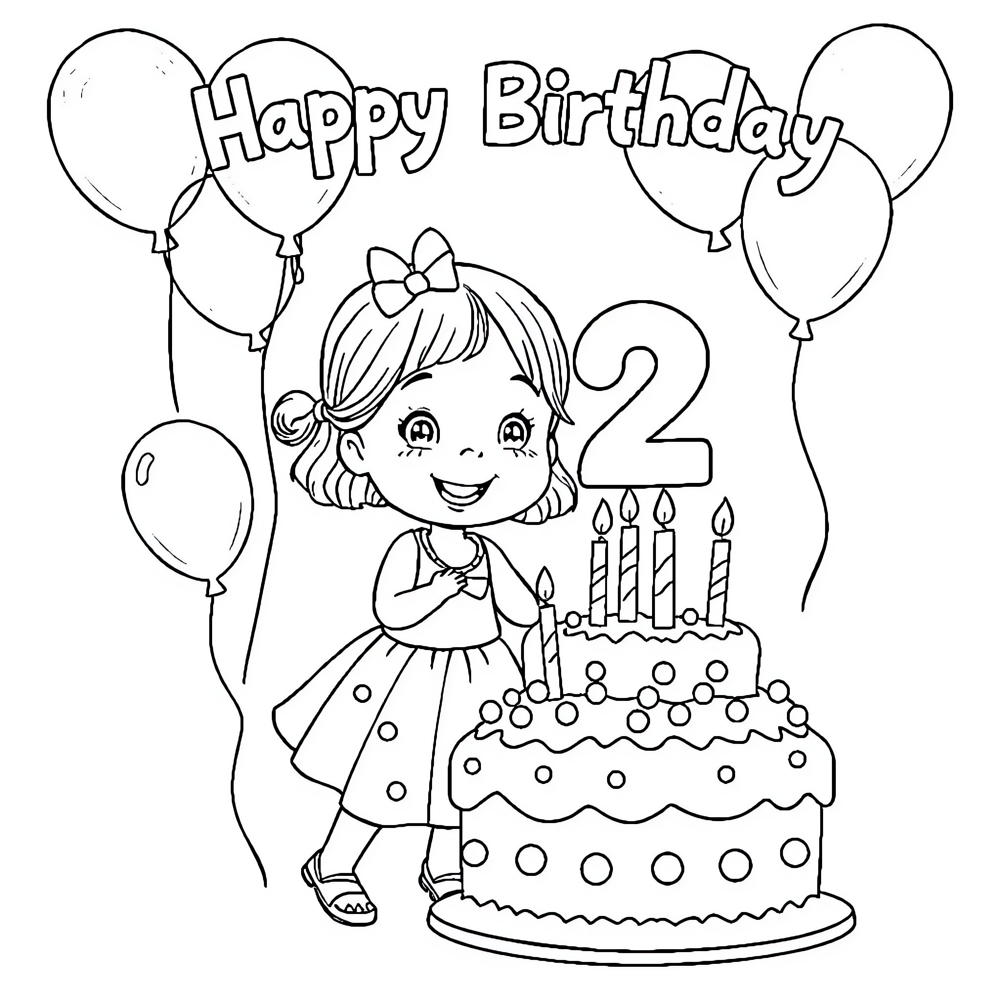 Girl celebrating her 2nd birthday with cake and balloons Coloring Page (free black-and-white line drawing printable PDF for all, from beginners to advanced learners, including children, teens, adults, and seniors)
