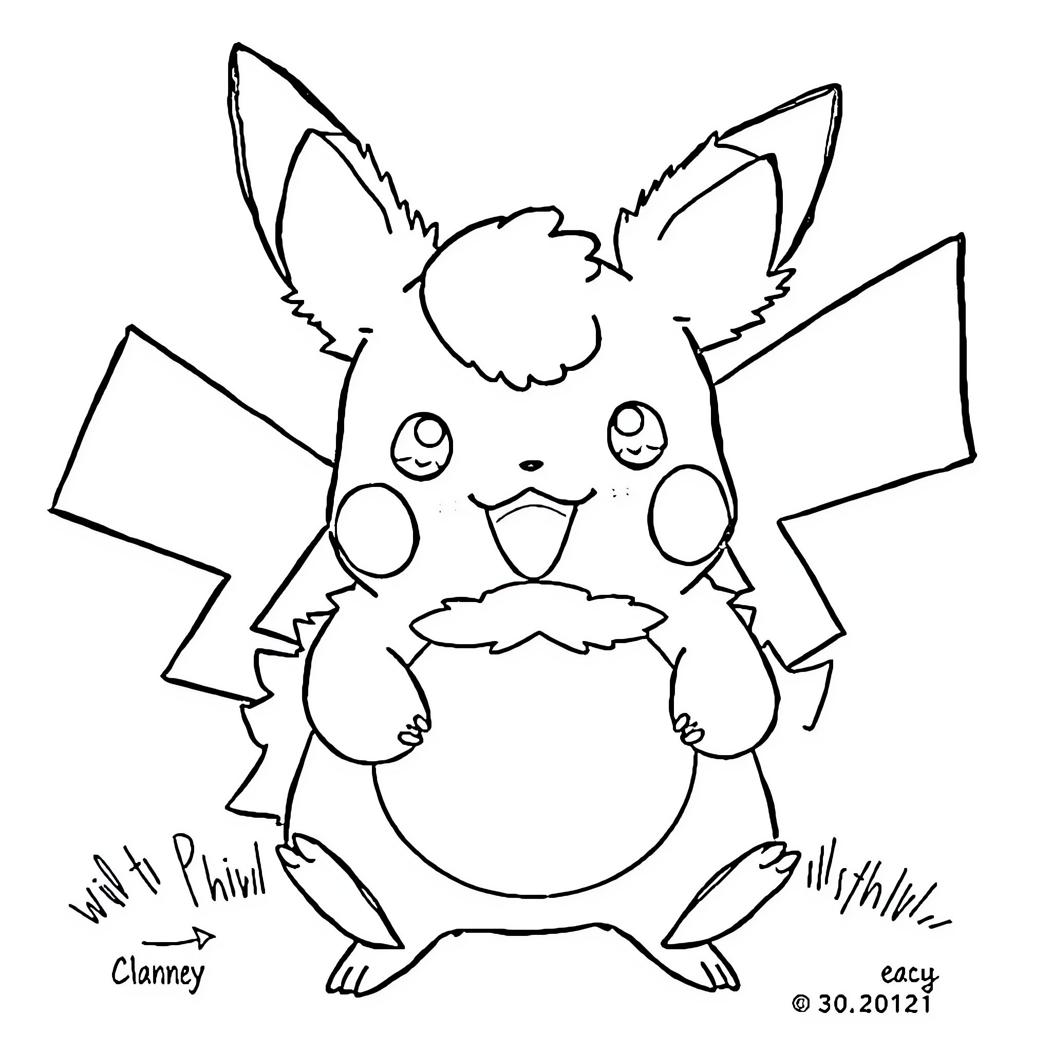Pikachu making a silly face Coloring Page (free black-and-white line drawing printable PDF for all, from beginners to advanced learners, including children, teens, adults, and seniors)
