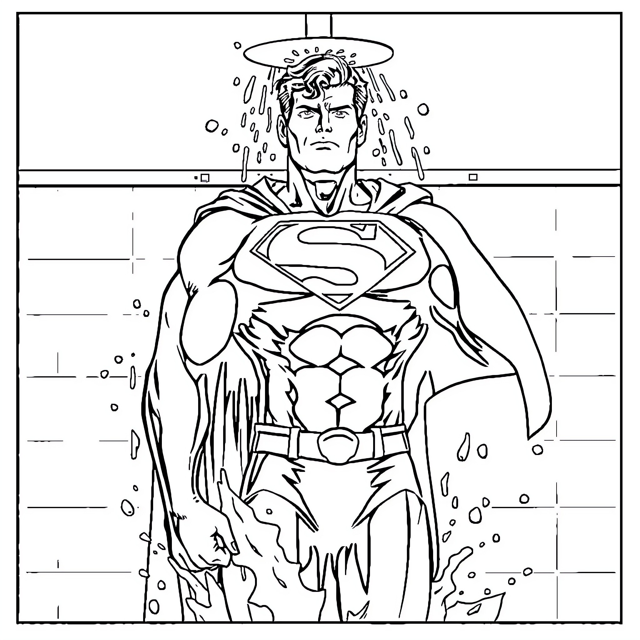 Superman under a heavy downpour Coloring Page (free black-and-white line drawing printable PDF for all, from beginners to advanced learners, including children, teens, adults, and seniors)