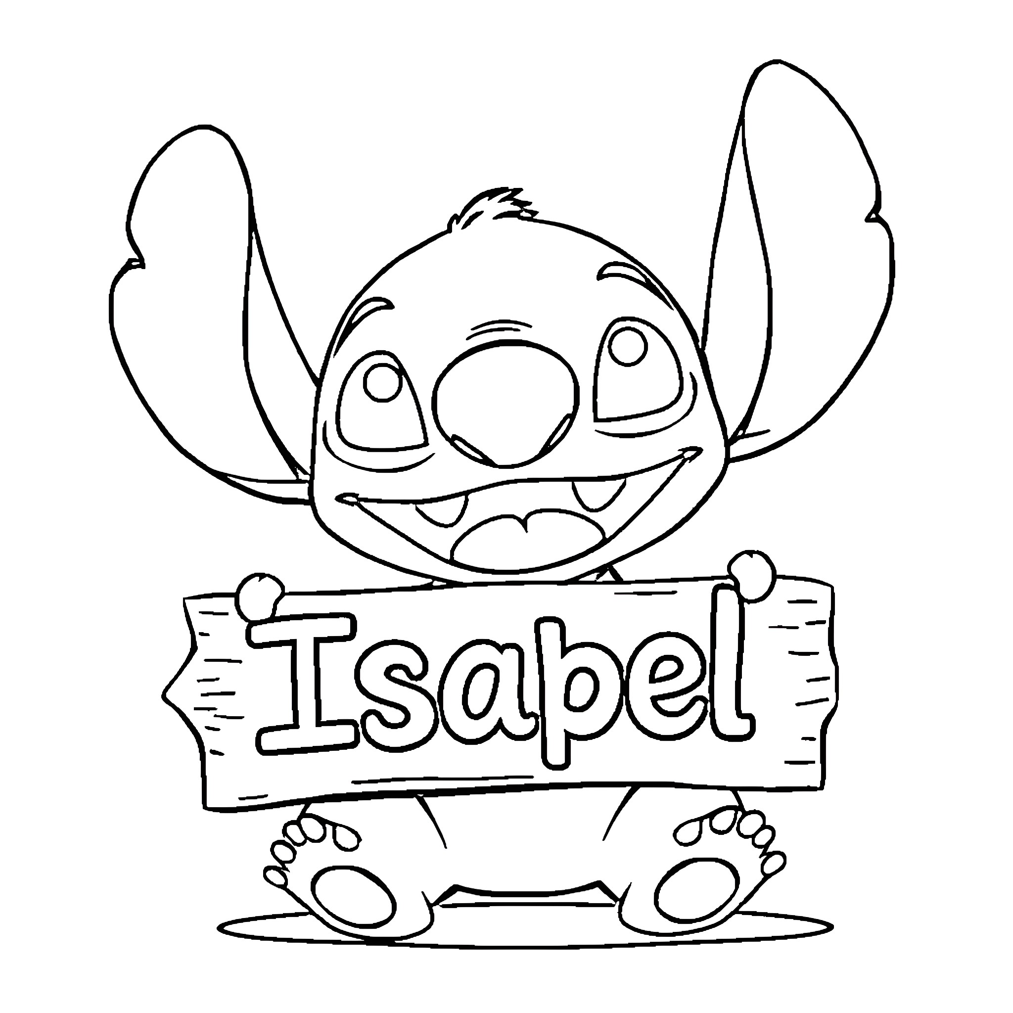 Stitch holding a name sign with a cheerful expression Coloring Page (free black-and-white line drawing printable PDF for all, from beginners to advanced learners, including children, teens, adults, and seniors)