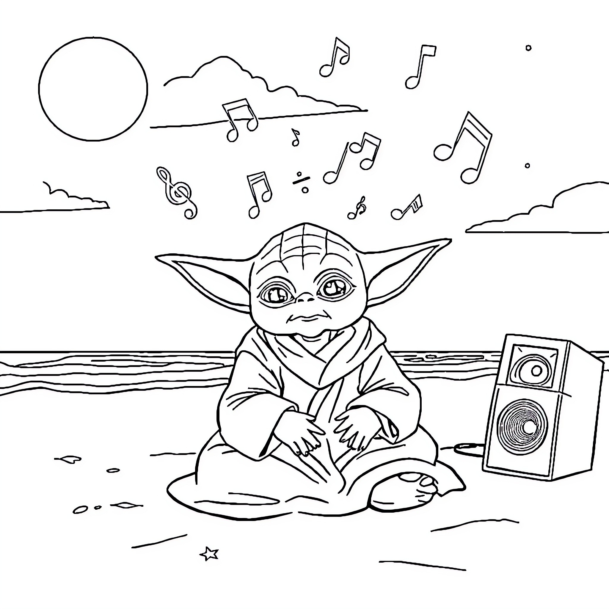Yoda jamming to music by the lake Coloring Page (free black-and-white line drawing printable PDF for all, from beginners to advanced learners, including children, teens, adults, and seniors)