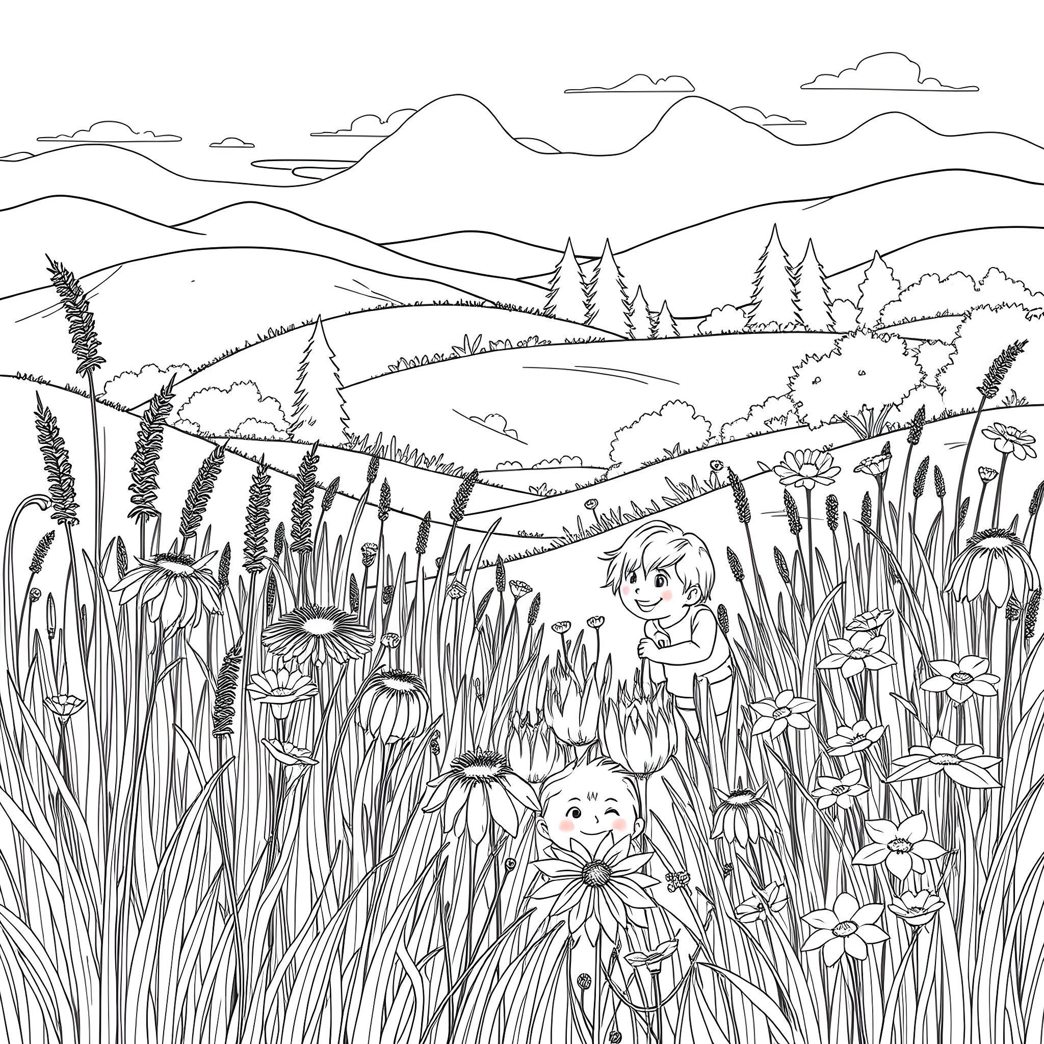Child playing among wildflowers in mountain landscape Coloring Page (free black-and-white line drawing printable PDF for all, from beginners to advanced learners, including children, teens, adults, and seniors)