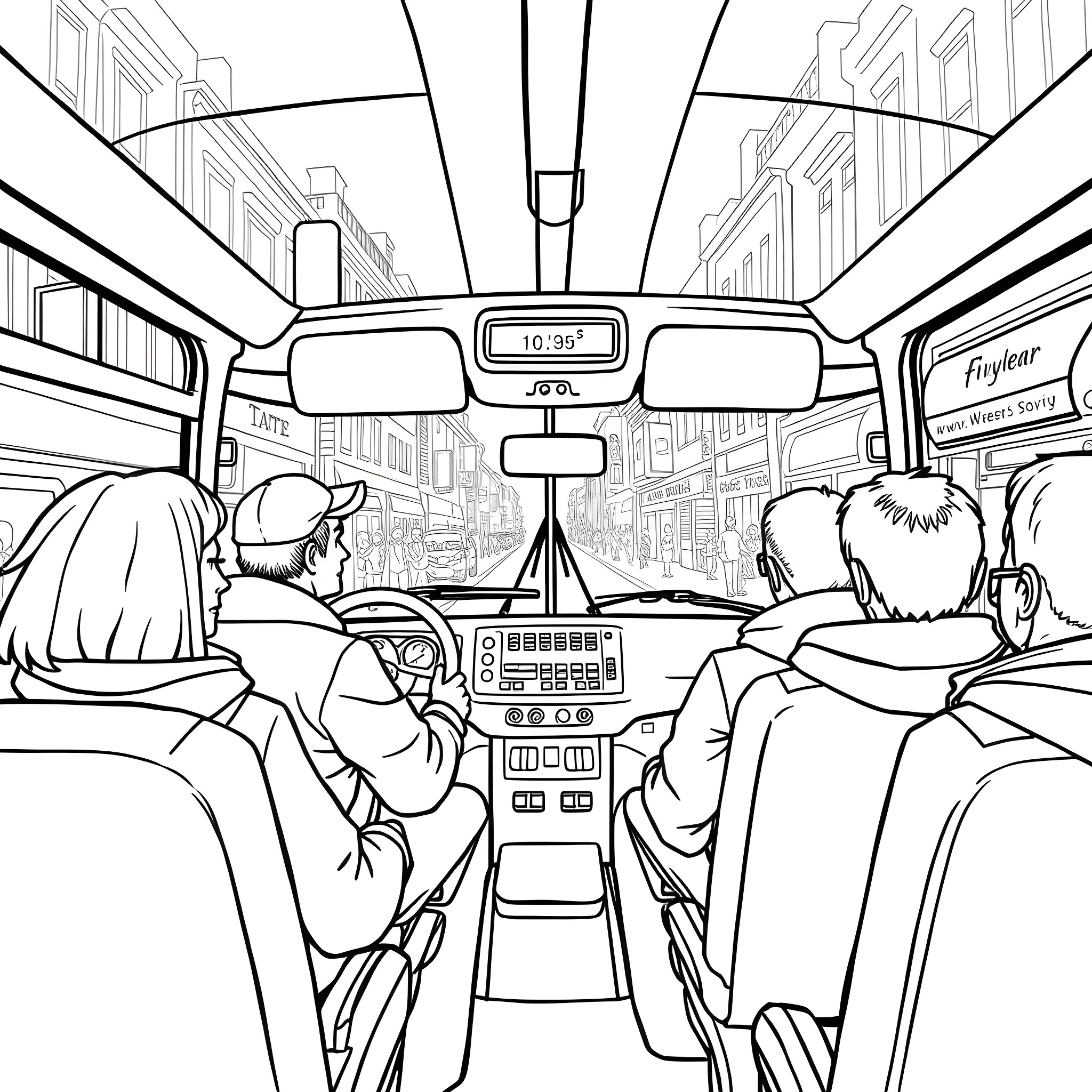 Bus Driver Navigating Through Busy City Streets Coloring Page (free black-and-white line drawing printable PDF for all, from beginners to advanced learners, including children, teens, adults, and seniors)