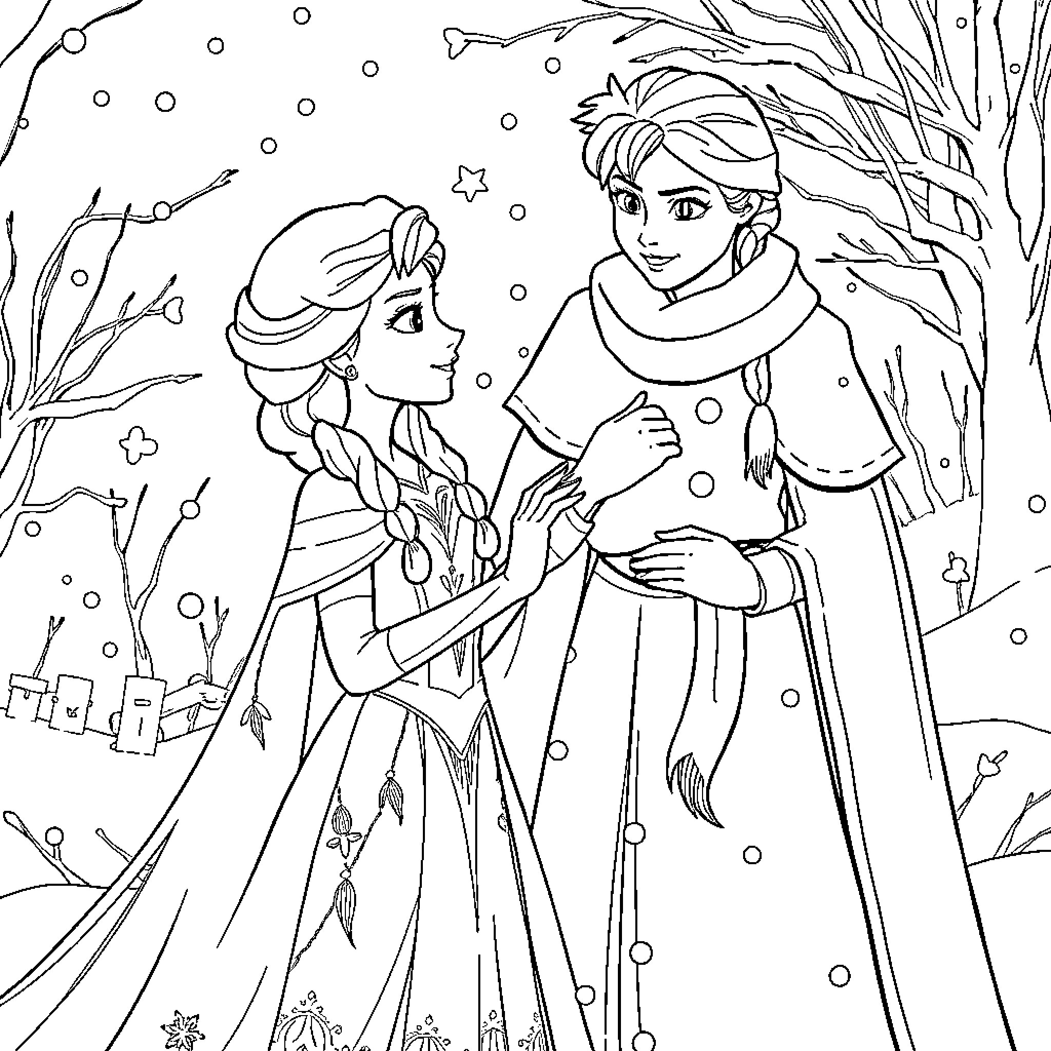 Elsa and Kristoff enjoying a winter wonderland Coloring Page (free black-and-white line drawing printable PDF for all, from beginners to advanced learners, including children, teens, adults, and seniors)