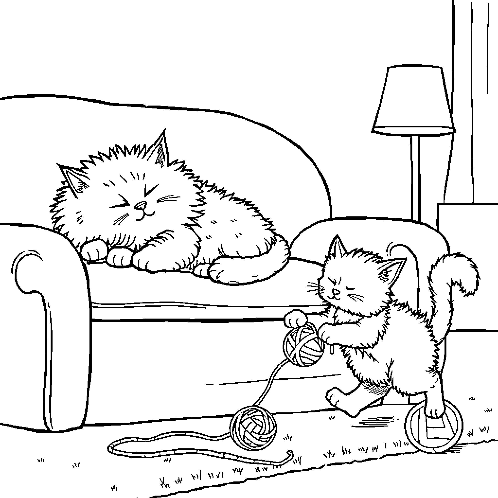 Cat napping comfortably on couch with playful kitten Coloring Page (free black-and-white line drawing printable PDF for all, from beginners to advanced learners, including children, teens, adults, and seniors)