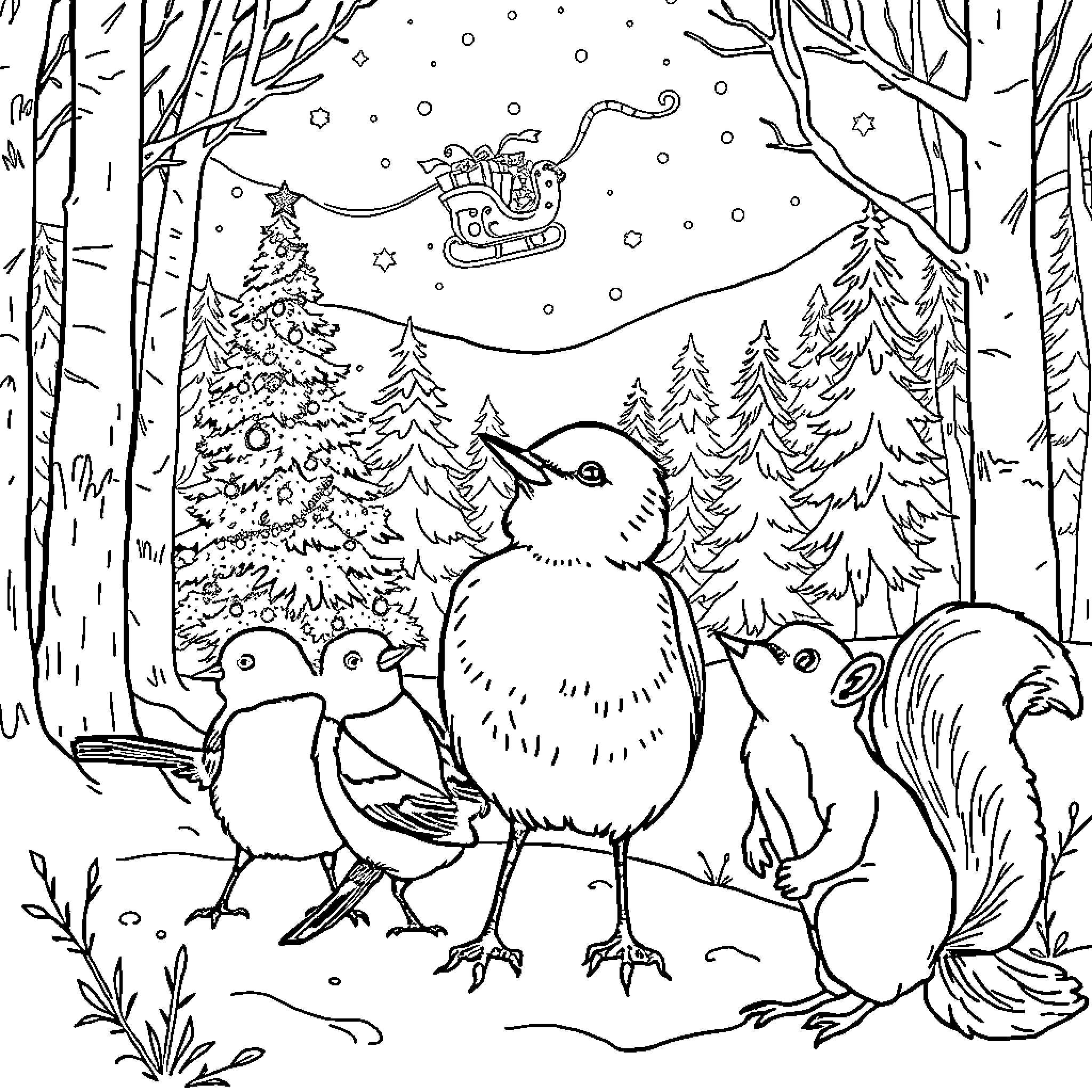 Robin's Winter Wonderland Scene Coloring Page (free black-and-white line drawing printable PDF for all, from beginners to advanced learners, including children, teens, adults, and seniors)