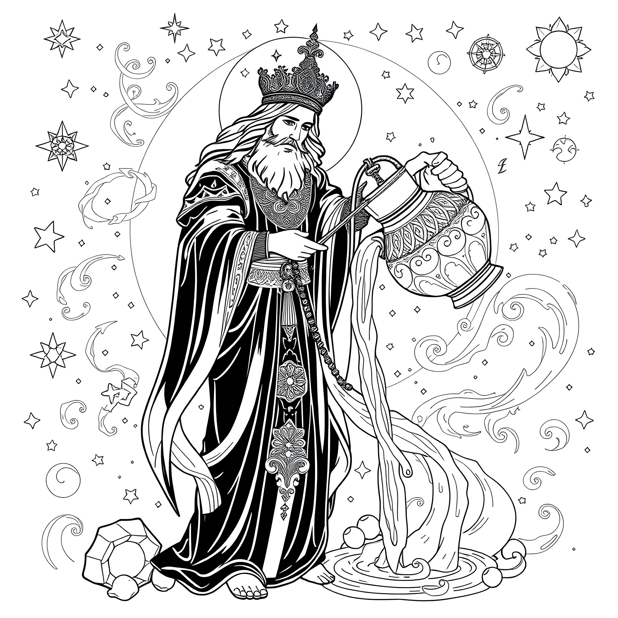 Aquarius - Wise Monarch in the Celestial Realm Coloring Page (free black-and-white line drawing printable PDF for all, from beginners to advanced learners, including children, teens, adults, and seniors)