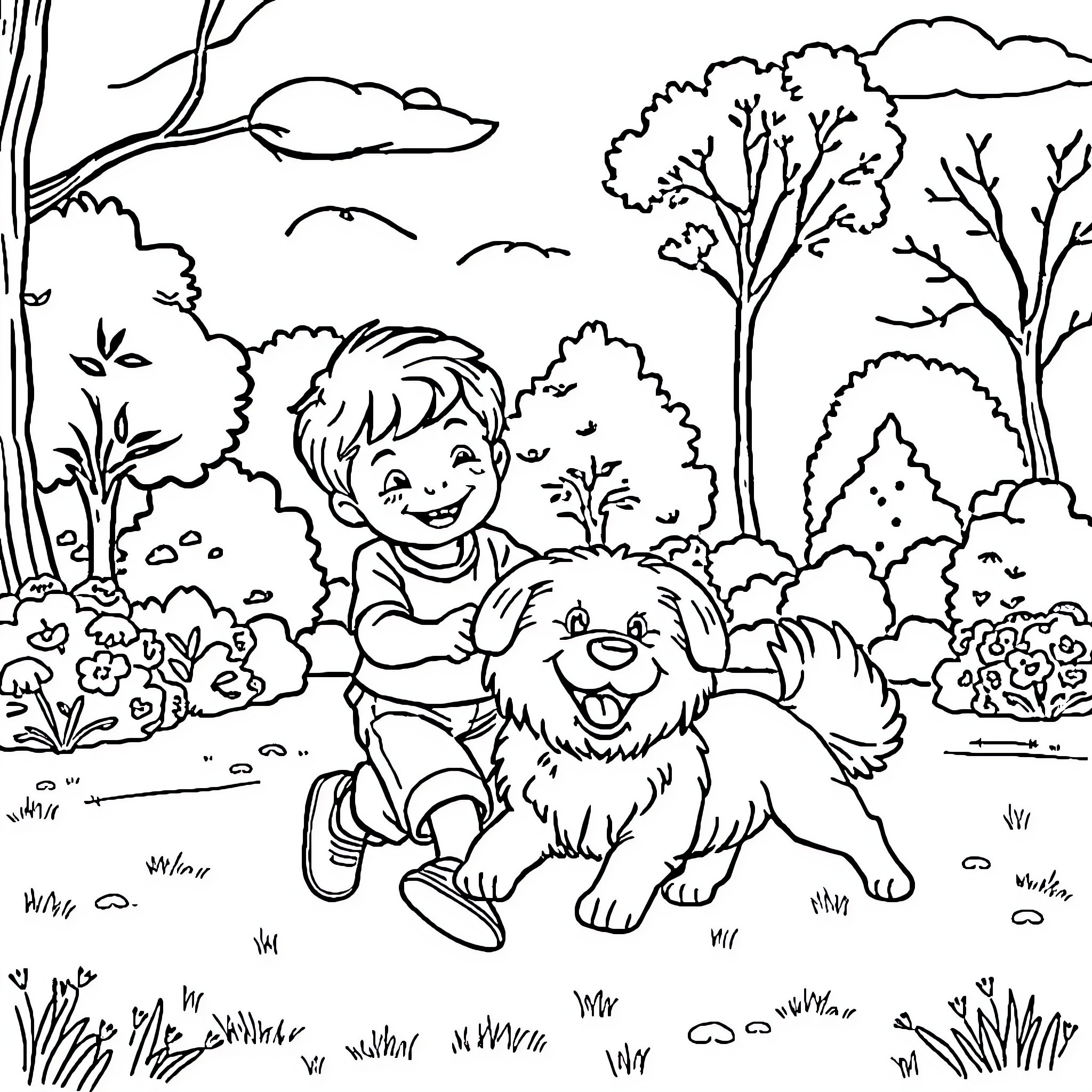 Child playing joyfully with furry companion in nature Coloring Page (free black-and-white line drawing printable PDF for all, from beginners to advanced learners, including children, teens, adults, and seniors)