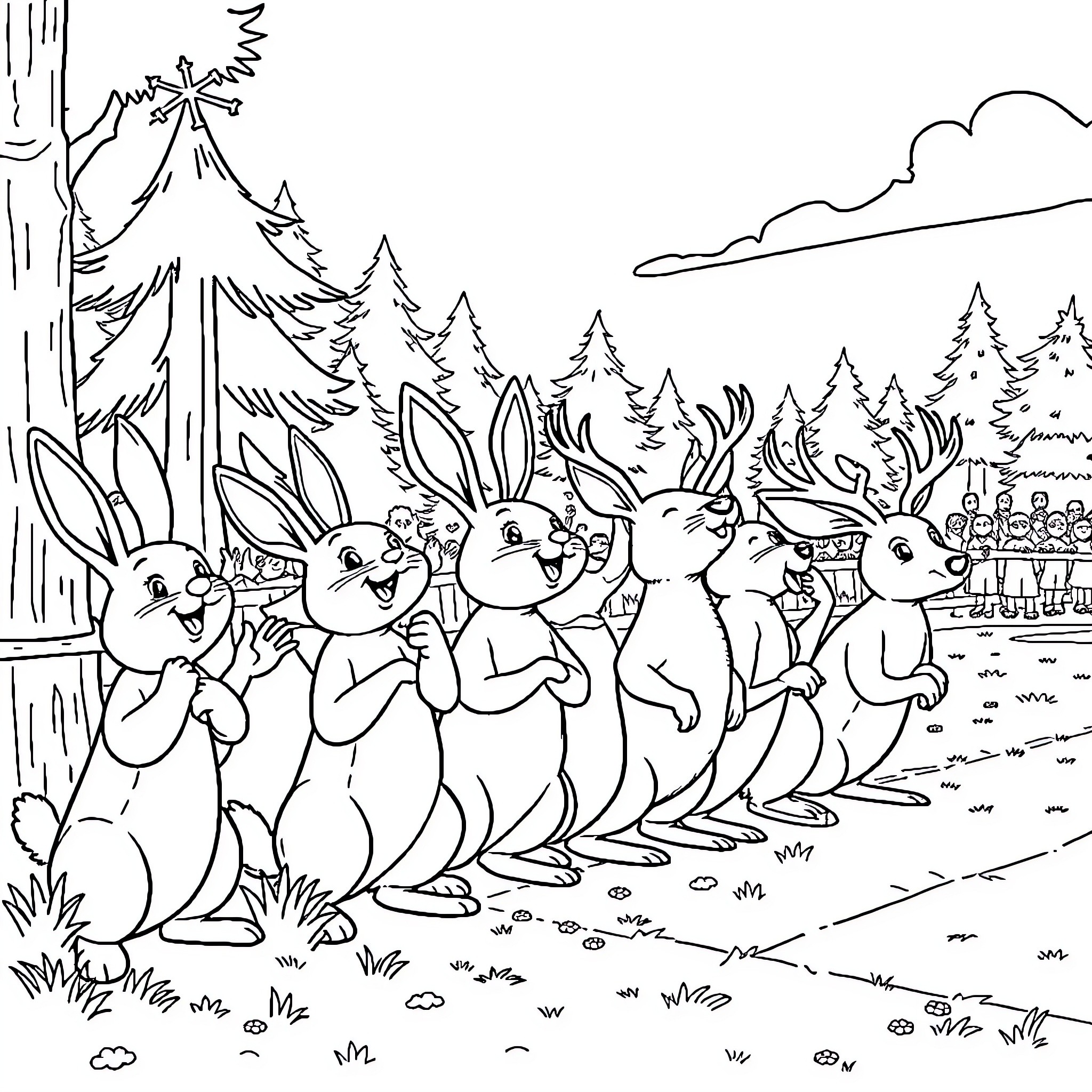 Animal parade of rabbits in the forest Coloring Page (free black-and-white line drawing printable PDF for all, from beginners to advanced learners, including children, teens, adults, and seniors)