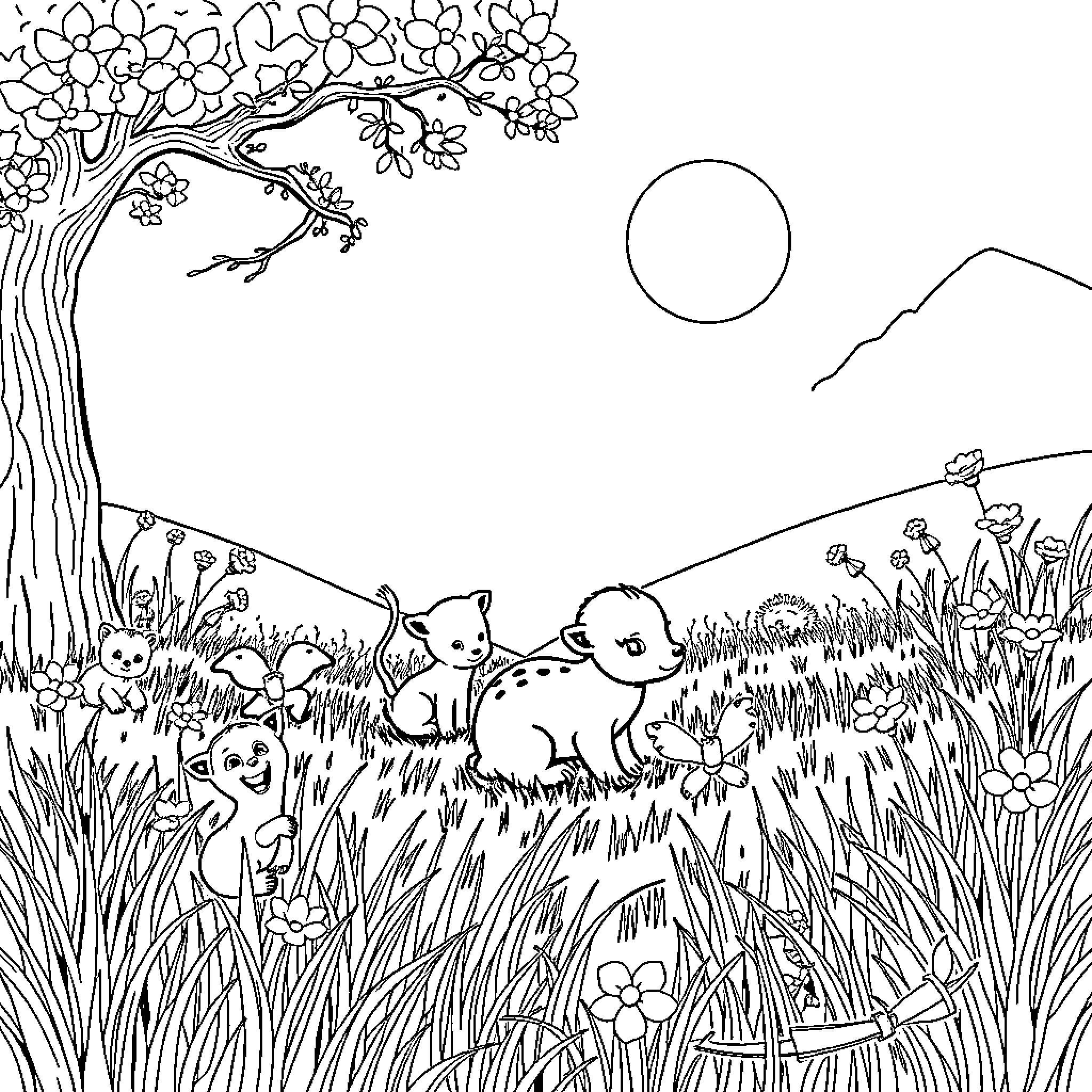 Baby Animal Playing in Flowery Meadow Coloring Page (free black-and-white line drawing printable PDF for all, from beginners to advanced learners, including children, teens, adults, and seniors)