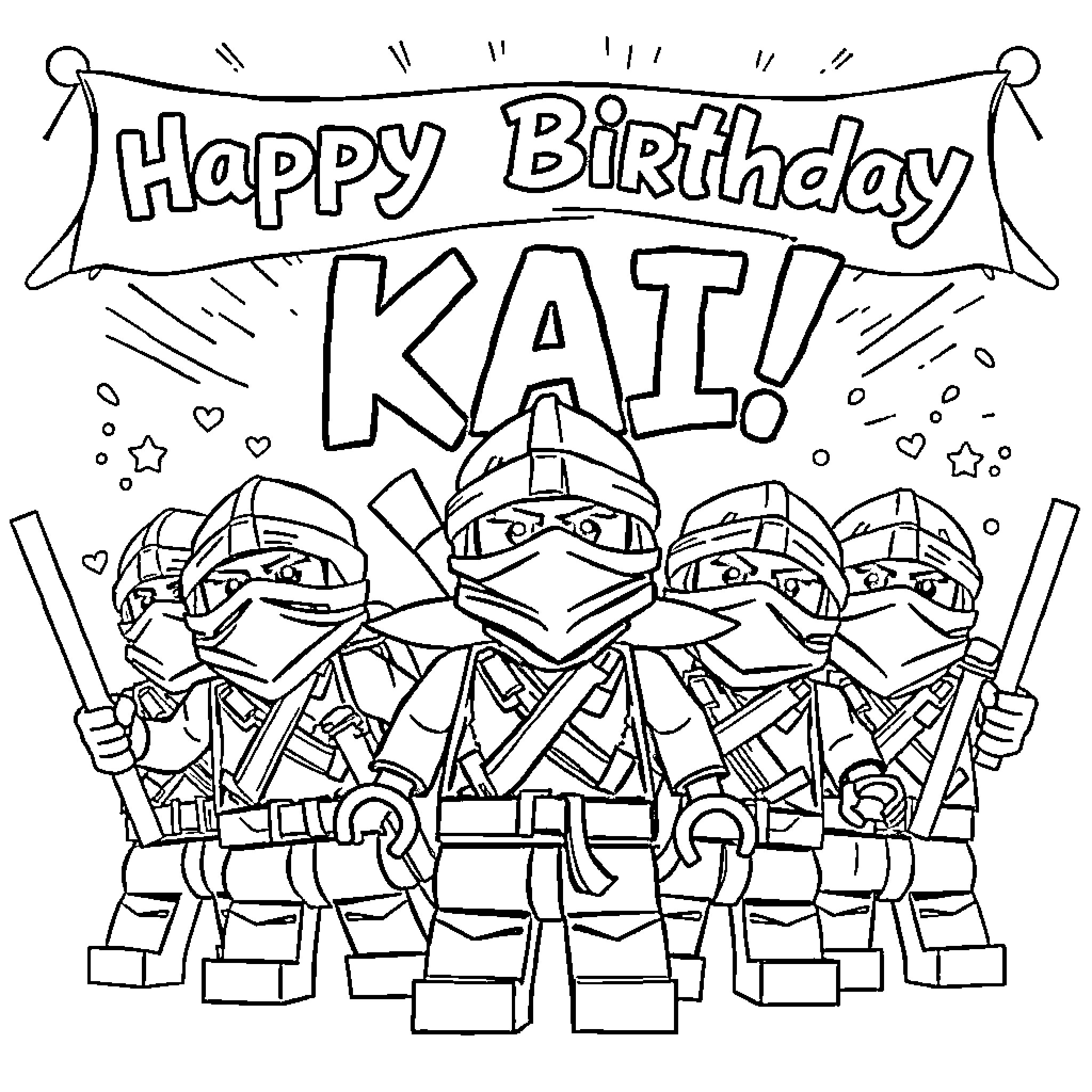 Ninja Warrior Birthday Celebration Coloring Page (free black-and-white line drawing printable PDF for all, from beginners to advanced learners, including children, teens, adults, and seniors)