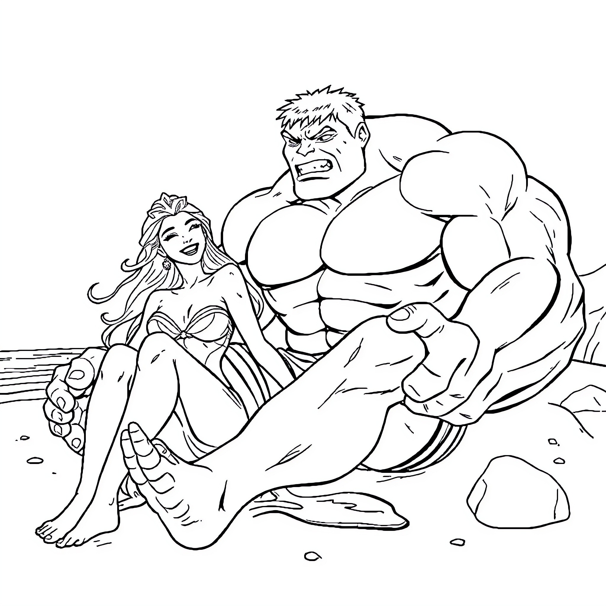 Reine de Neiges: Superhuman Couple Relaxing on the Beach Coloring Page (free black-and-white line drawing printable PDF for all, from beginners to advanced learners, including children, teens, adults, and seniors)