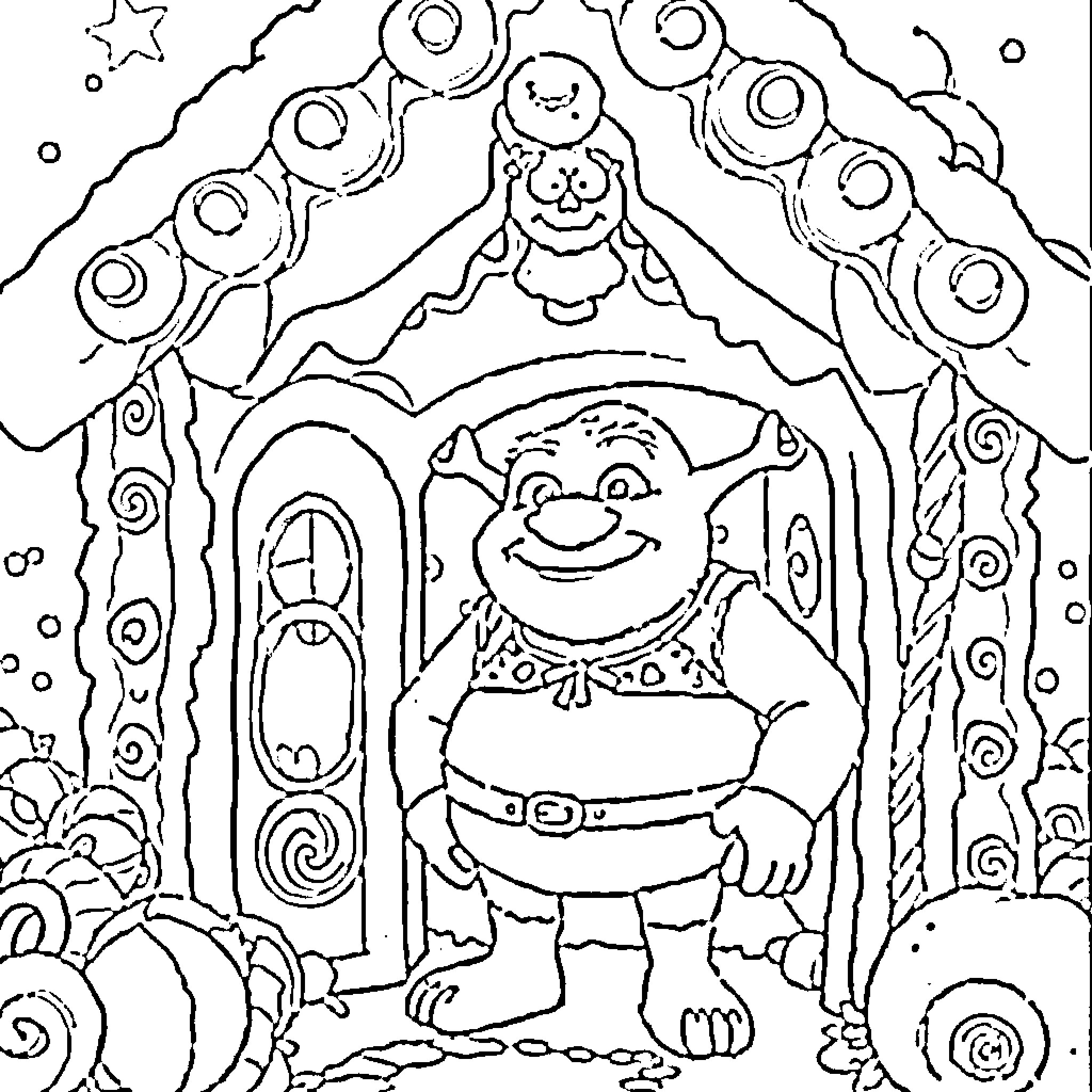 Shrek enjoying the magical fantasy forest Coloring Page (free black-and-white line drawing printable PDF for all, from beginners to advanced learners, including children, teens, adults, and seniors)
