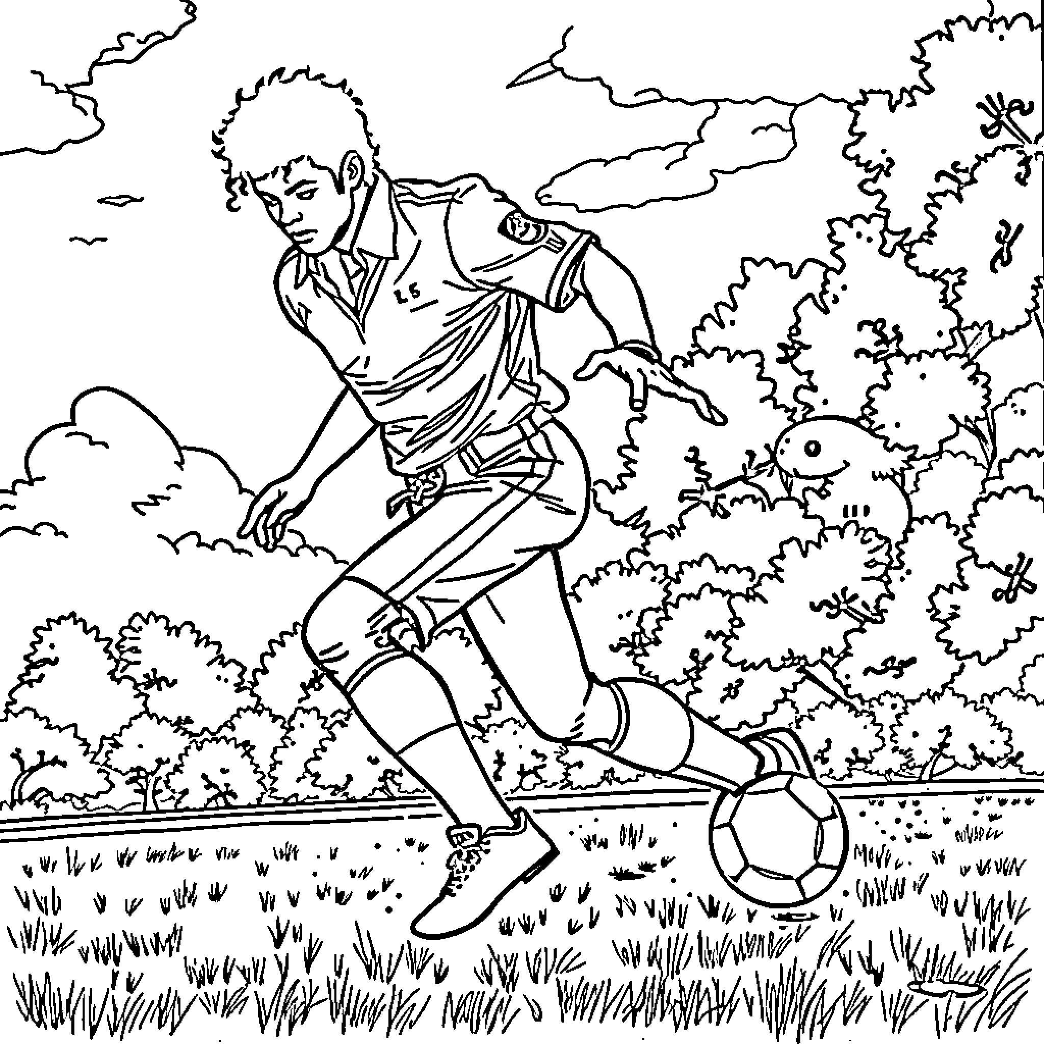 Michael Jackson playing soccer outdoors Coloring Page (free black-and-white line drawing printable PDF for all, from beginners to advanced learners, including children, teens, adults, and seniors)