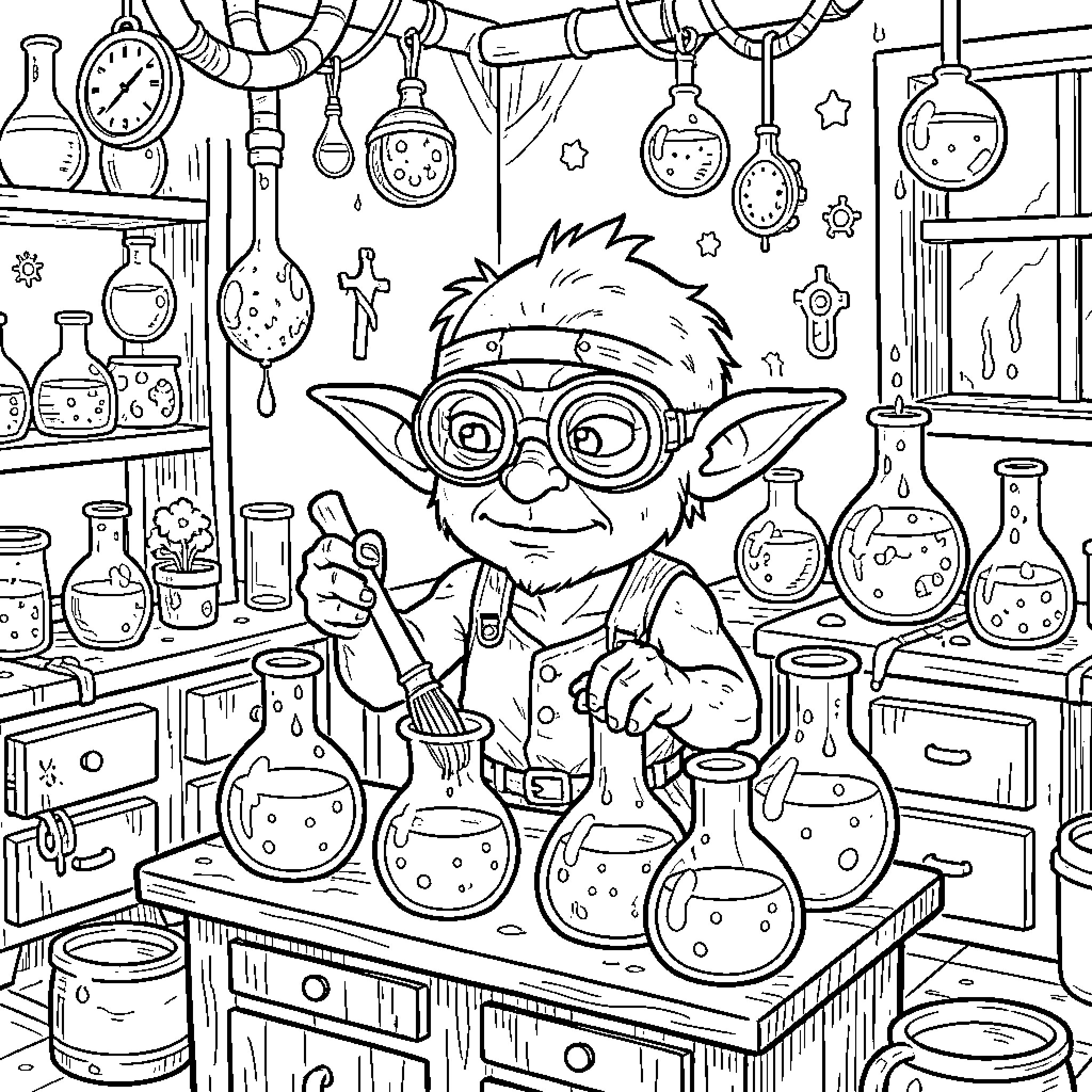 Goblin Scientist Experimenting in Fantastical Laboratory Coloring Page (free black-and-white line drawing printable PDF for all, from beginners to advanced learners, including children, teens, adults, and seniors)