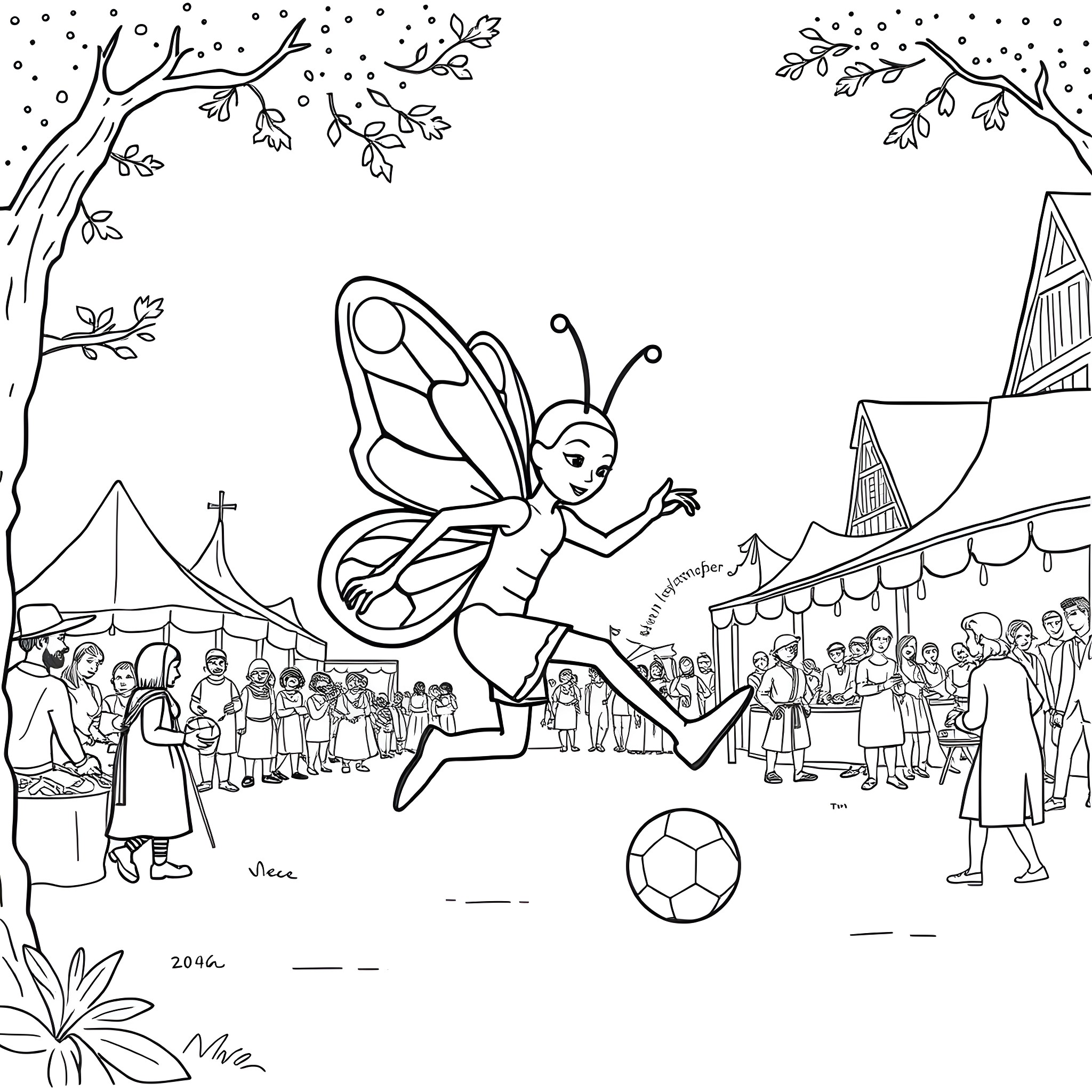 Butterfly playing joyfully in a festive carnival Coloring Page (free black-and-white line drawing printable PDF for all, from beginners to advanced learners, including children, teens, adults, and seniors)