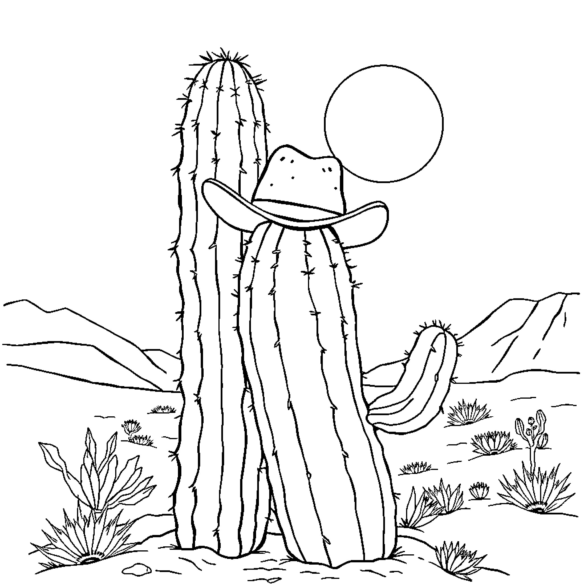 Cactus in the desert landscape with a cowboy hat Coloring Page (free black-and-white line drawing printable PDF for all, from beginners to advanced learners, including children, teens, adults, and seniors)