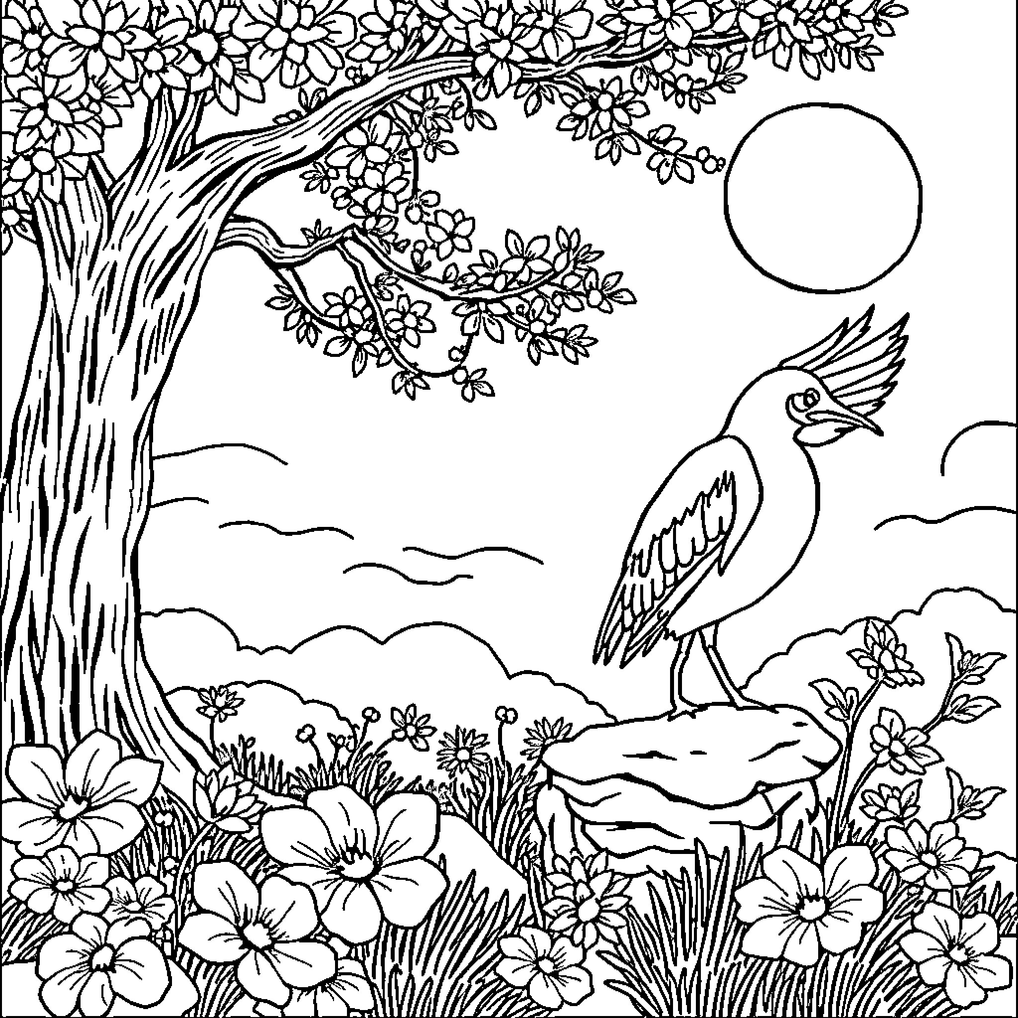 Image of a nature scene with a tree, birds, and flowers Coloring Page (free black-and-white line drawing printable PDF for all, from beginners to advanced learners, including children, teens, adults, and seniors)