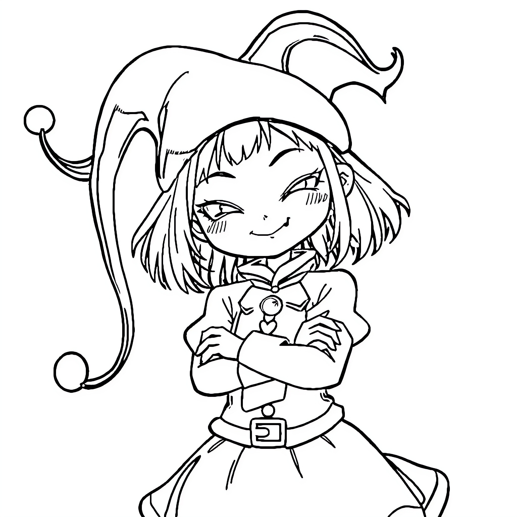 Kuromi posing cheerfully in a jester outfit Coloring Page (free black-and-white line drawing printable PDF for all, from beginners to advanced learners, including children, teens, adults, and seniors)