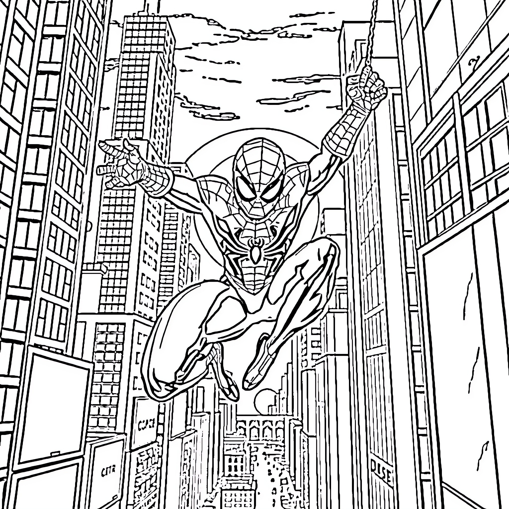Spider-Man swinging through city skyline Coloring Page (free black-and-white line drawing printable PDF for all, from beginners to advanced learners, including children, teens, adults, and seniors)