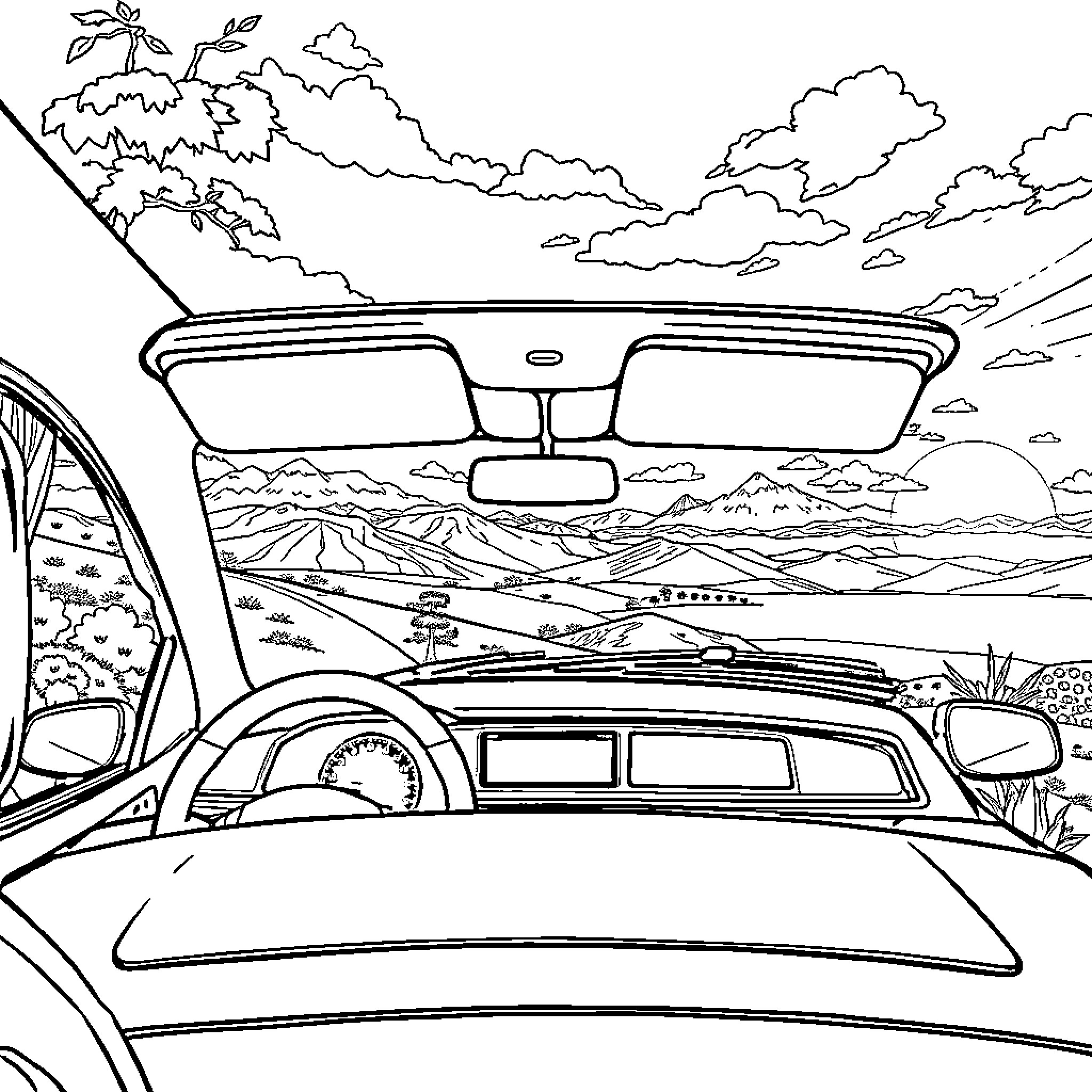 Car Driving Through Scenic Landscape Coloring Page (free black-and-white line drawing printable PDF for all, from beginners to advanced learners, including children, teens, adults, and seniors)
