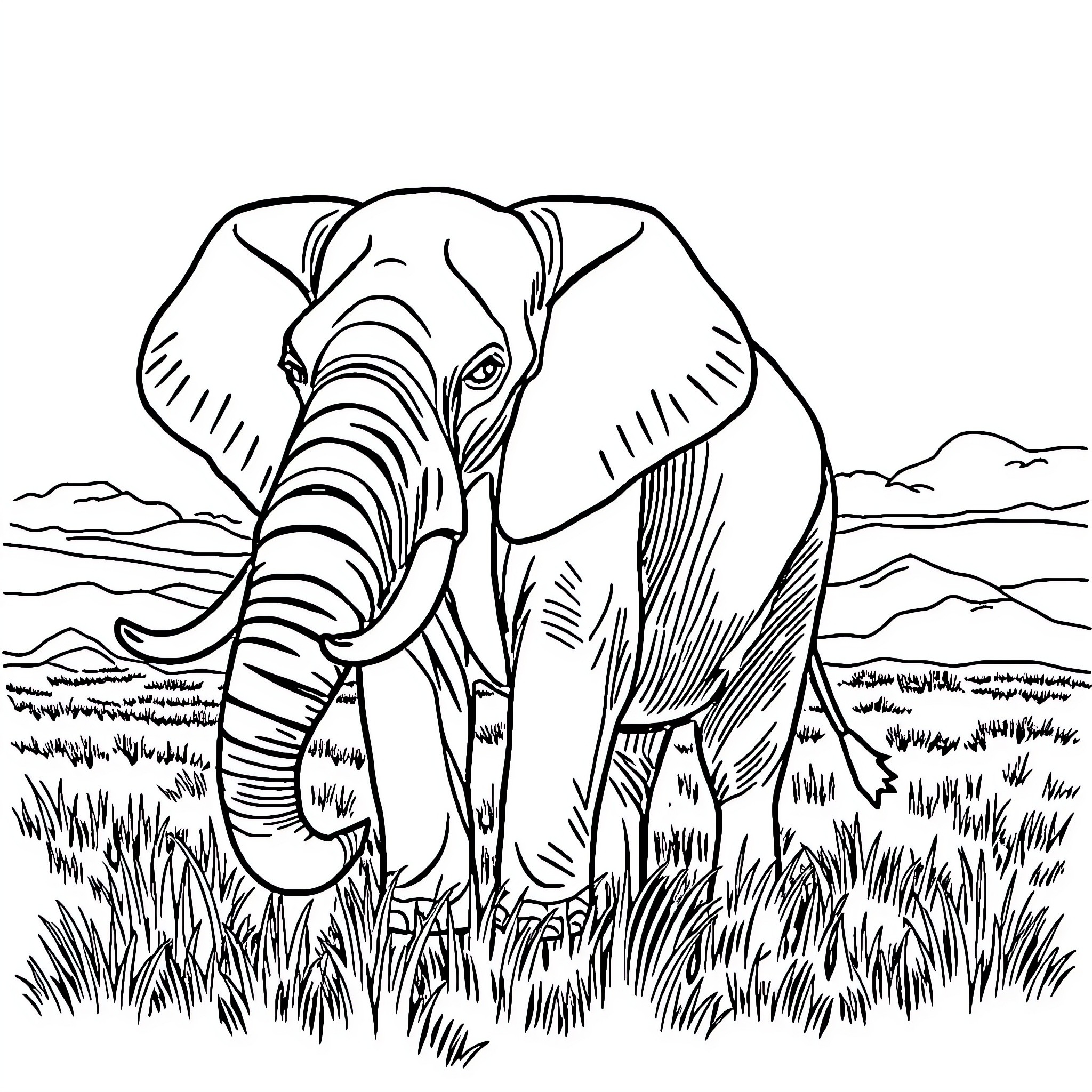 Elephant walking majestically in the grasslands Coloring Page (free black-and-white line drawing printable PDF for all, from beginners to advanced learners, including children, teens, adults, and seniors)