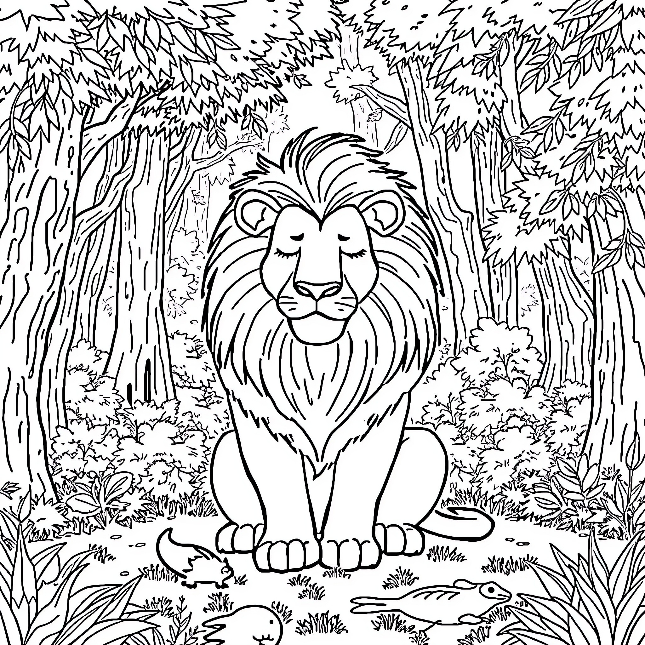 Lion relaxing in the lush jungle Coloring Page (free black-and-white line drawing printable PDF for all, from beginners to advanced learners, including children, teens, adults, and seniors)