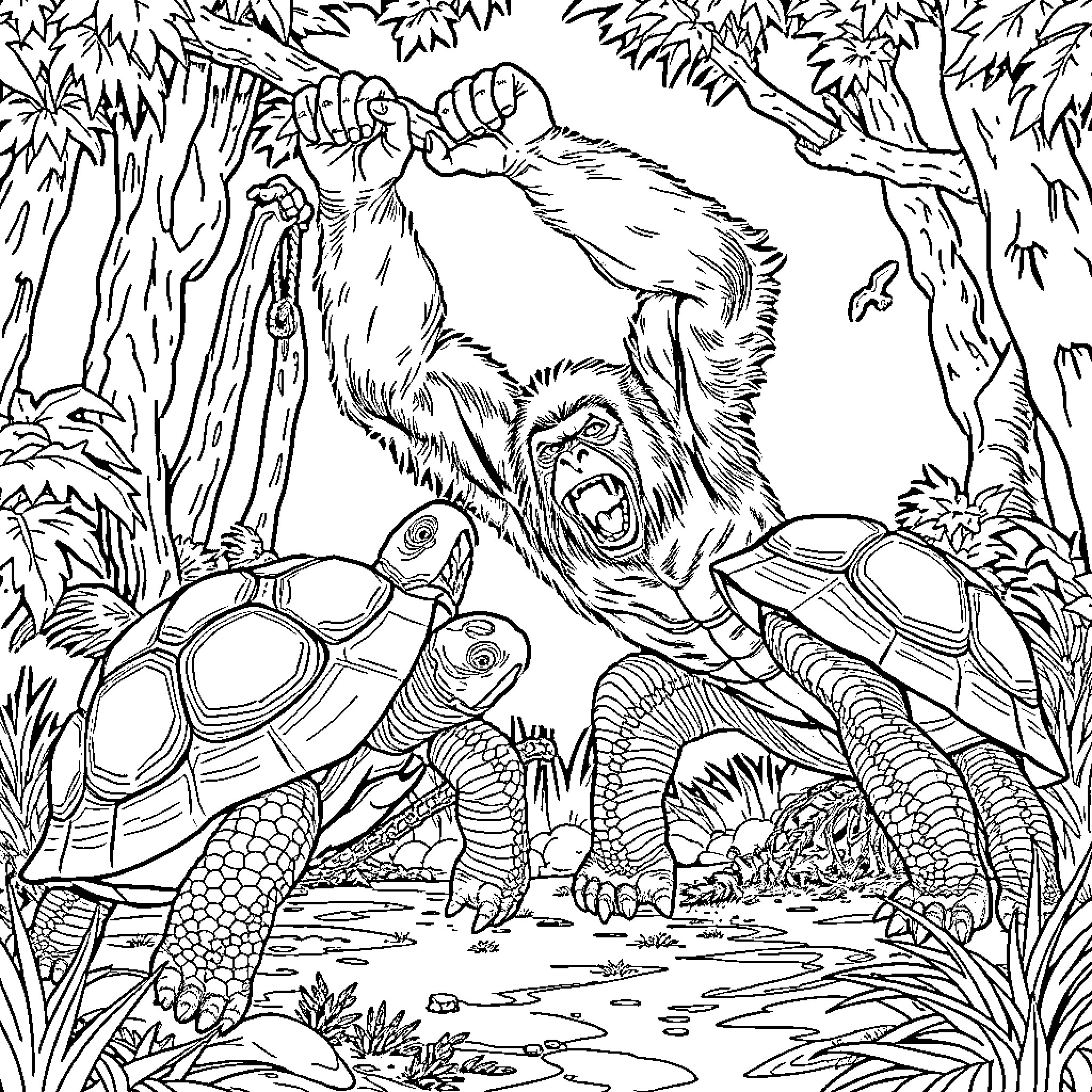Orangutan in a Fierce Encounter with Turtles in the Jungle Coloring Page (free black-and-white line drawing printable PDF for all, from beginners to advanced learners, including children, teens, adults, and seniors)
