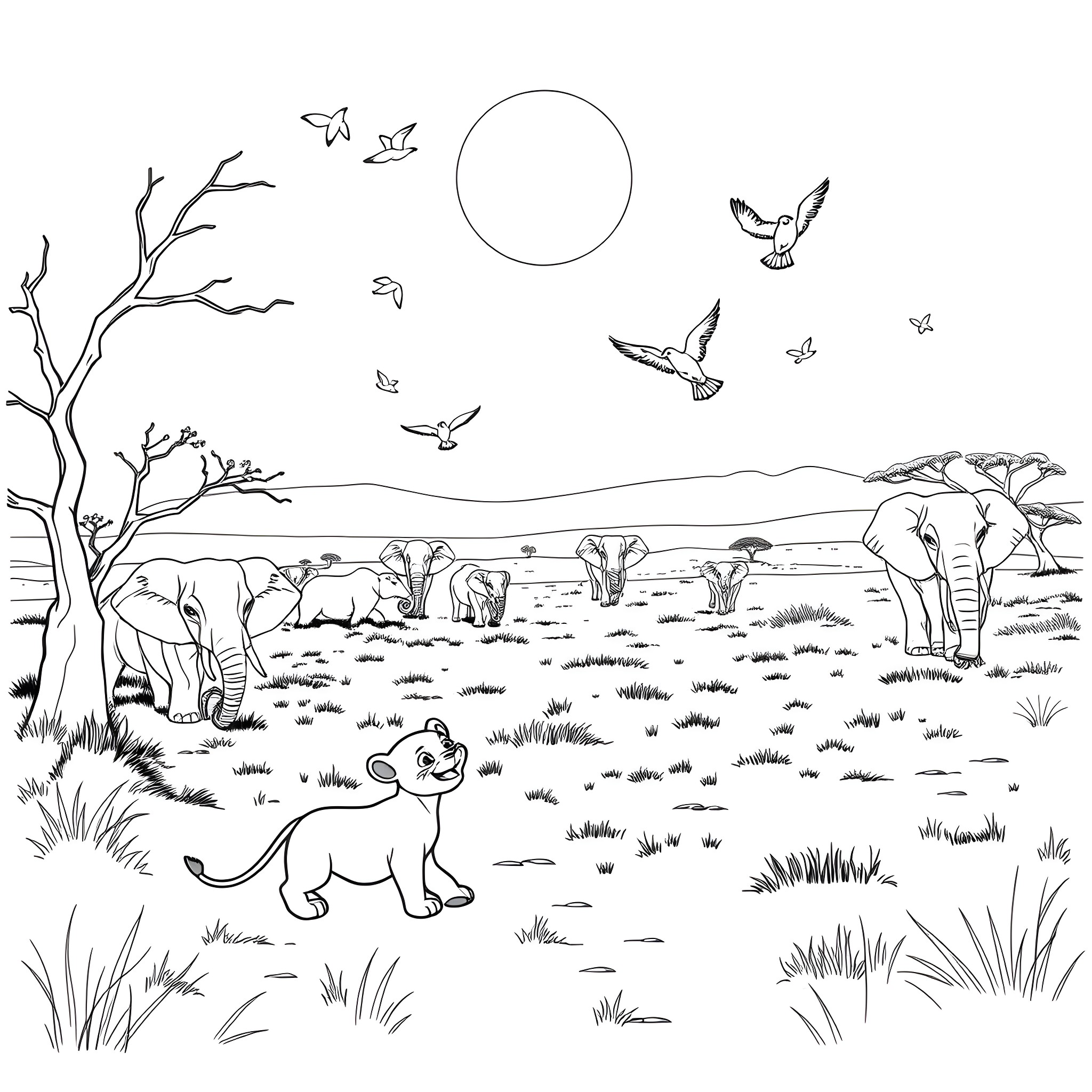 Lion cub exploring the African savanna Coloring Page (free black-and-white line drawing printable PDF for all, from beginners to advanced learners, including children, teens, adults, and seniors)