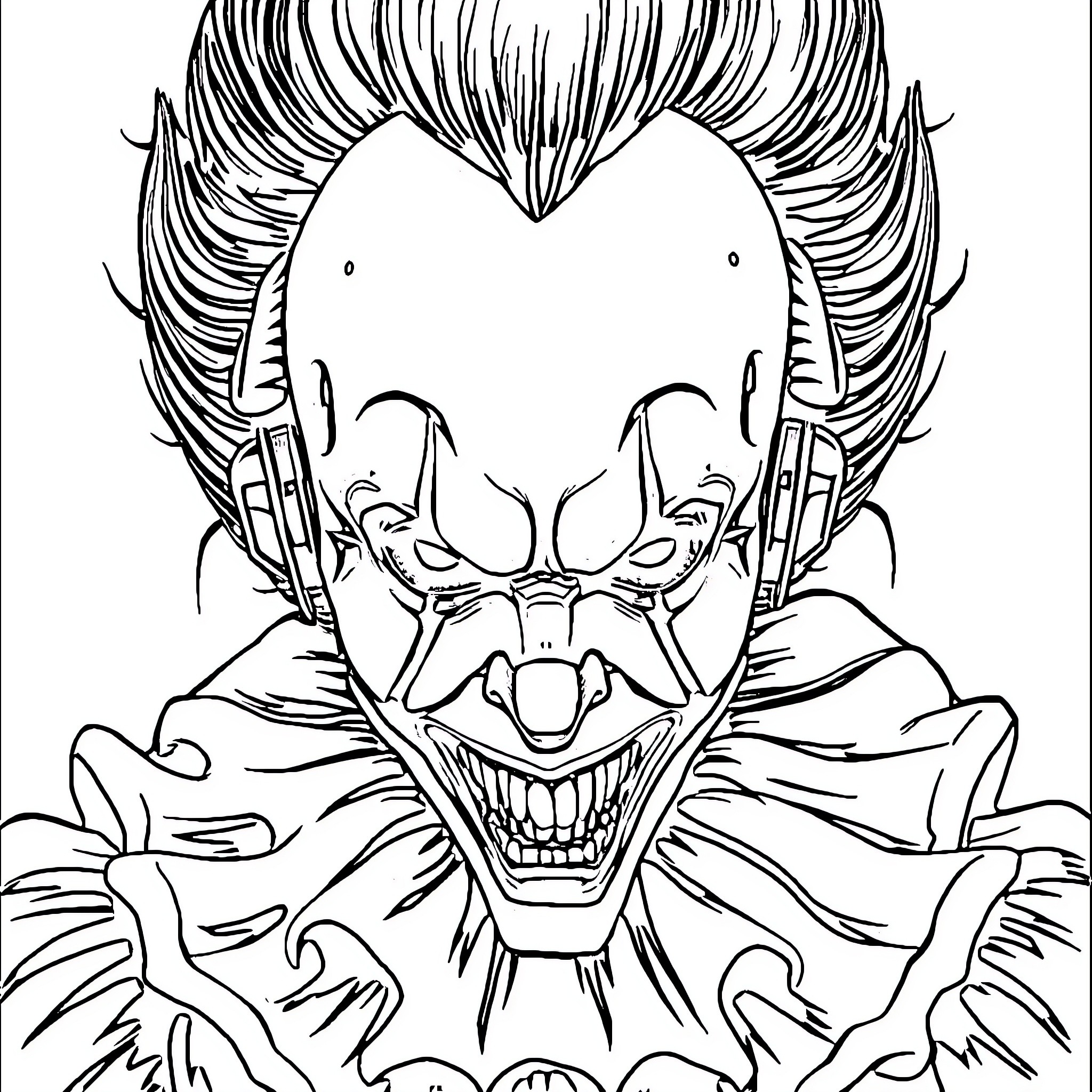 Robot Clown with Menacing Expression Coloring Page (free black-and-white line drawing printable PDF for all, from beginners to advanced learners, including children, teens, adults, and seniors)