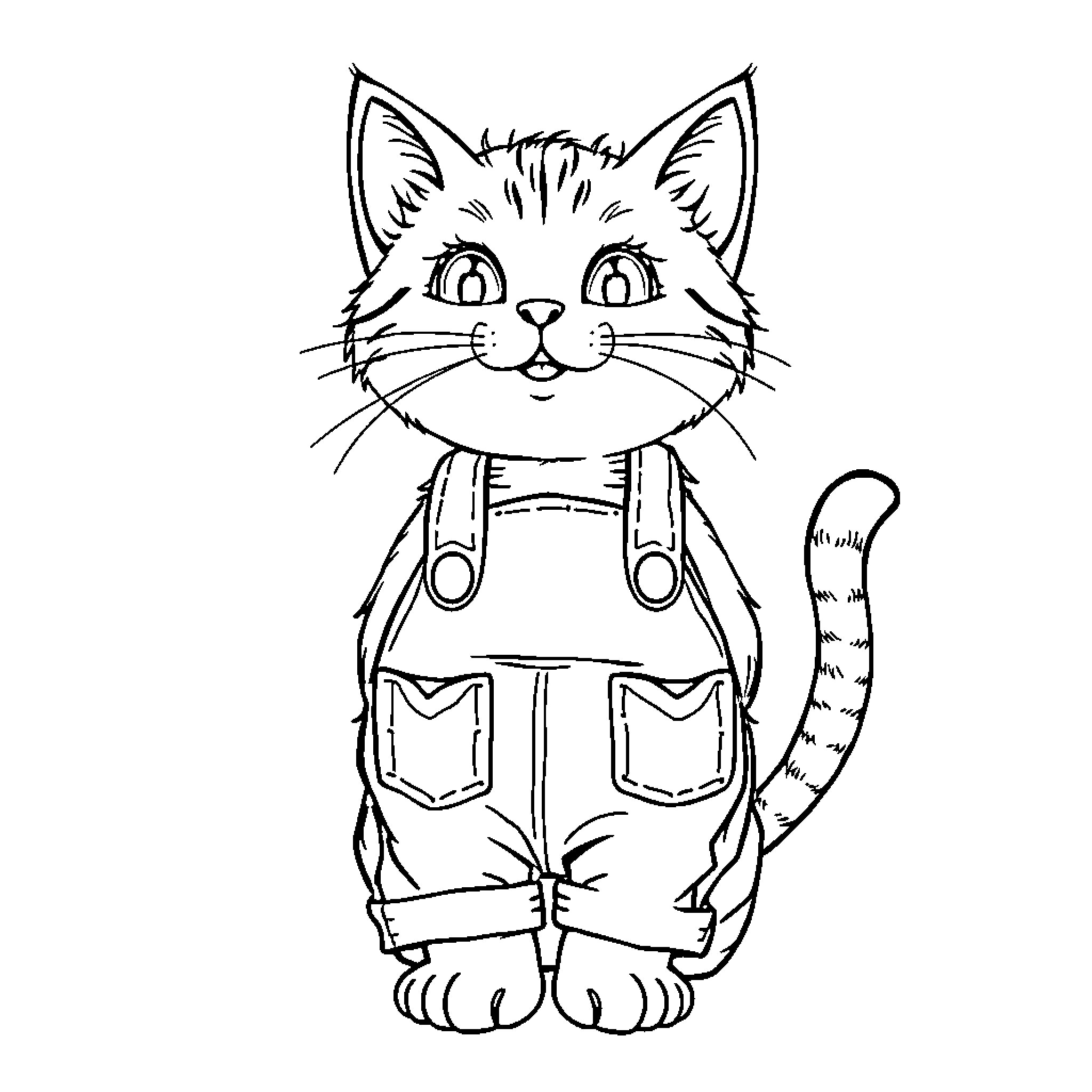 Cat wearing overalls in black and white Coloring Page (free black-and-white line drawing printable PDF for all, from beginners to advanced learners, including children, teens, adults, and seniors)