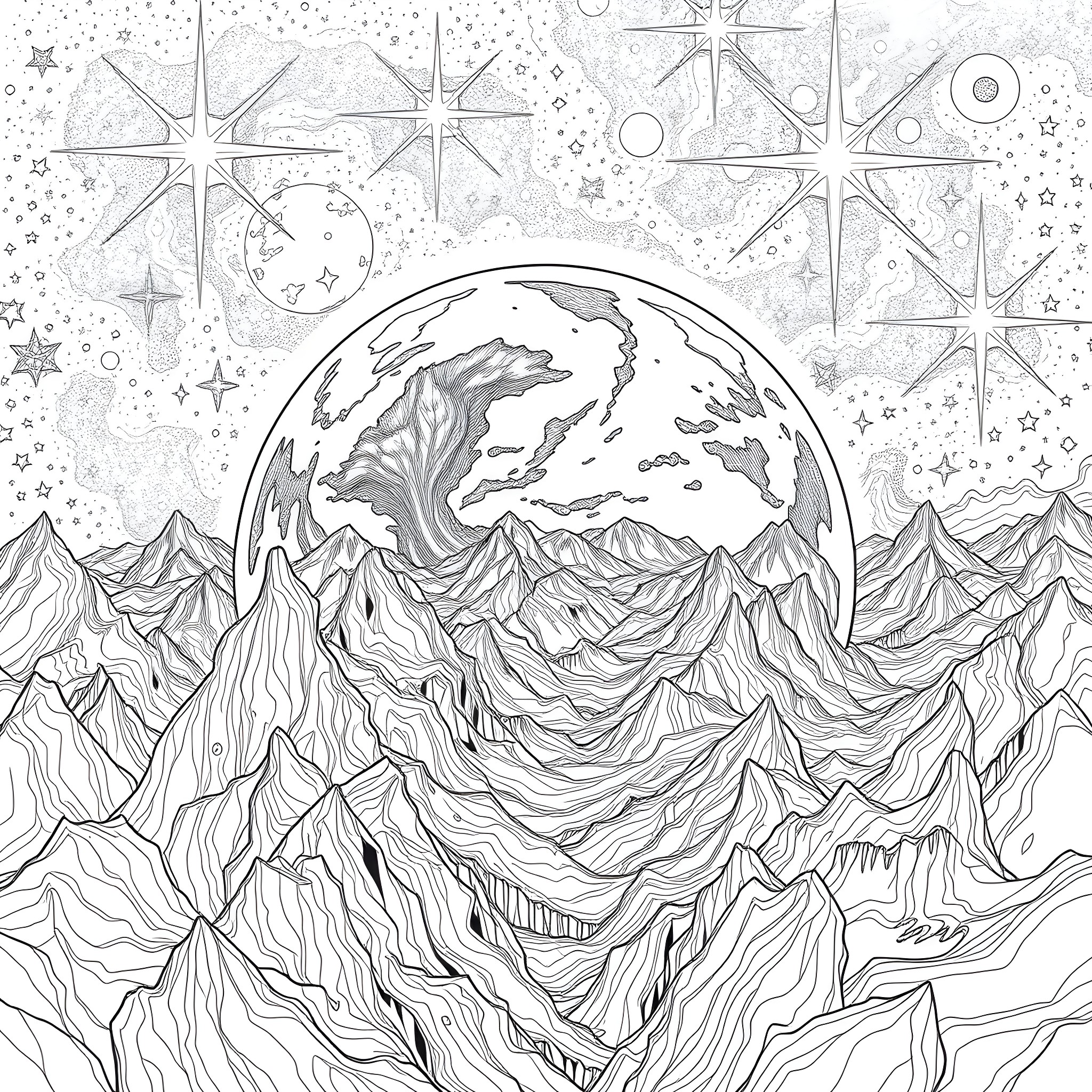 Earth surrounded by celestial stars in the night sky Coloring Page (free black-and-white line drawing printable PDF for all, from beginners to advanced learners, including children, teens, adults, and seniors)