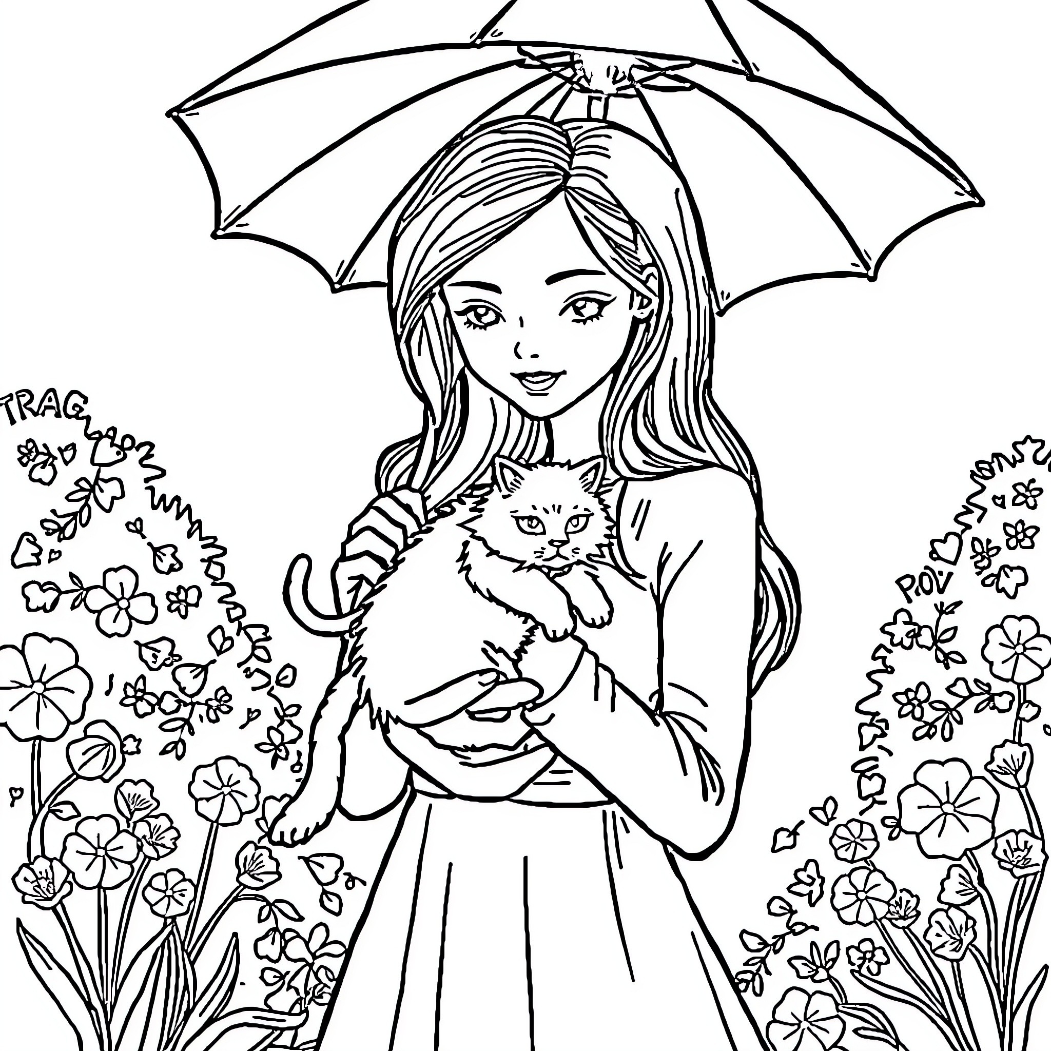 Lady with Umbrella and Cat in Floral Meadow Coloring Page (free black-and-white line drawing printable PDF for all, from beginners to advanced learners, including children, teens, adults, and seniors)