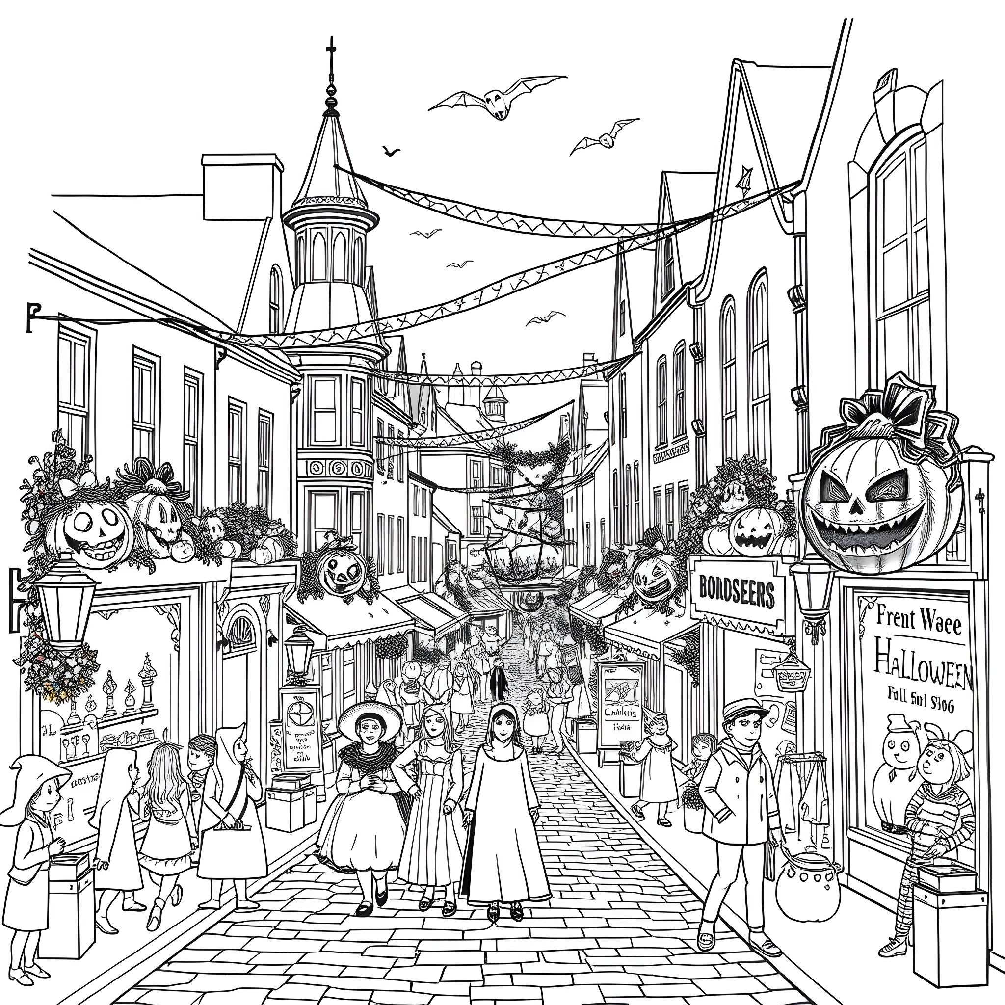 Galway's Festive Halloween Parade Coloring Page (free black-and-white line drawing printable PDF for all, from beginners to advanced learners, including children, teens, adults, and seniors)