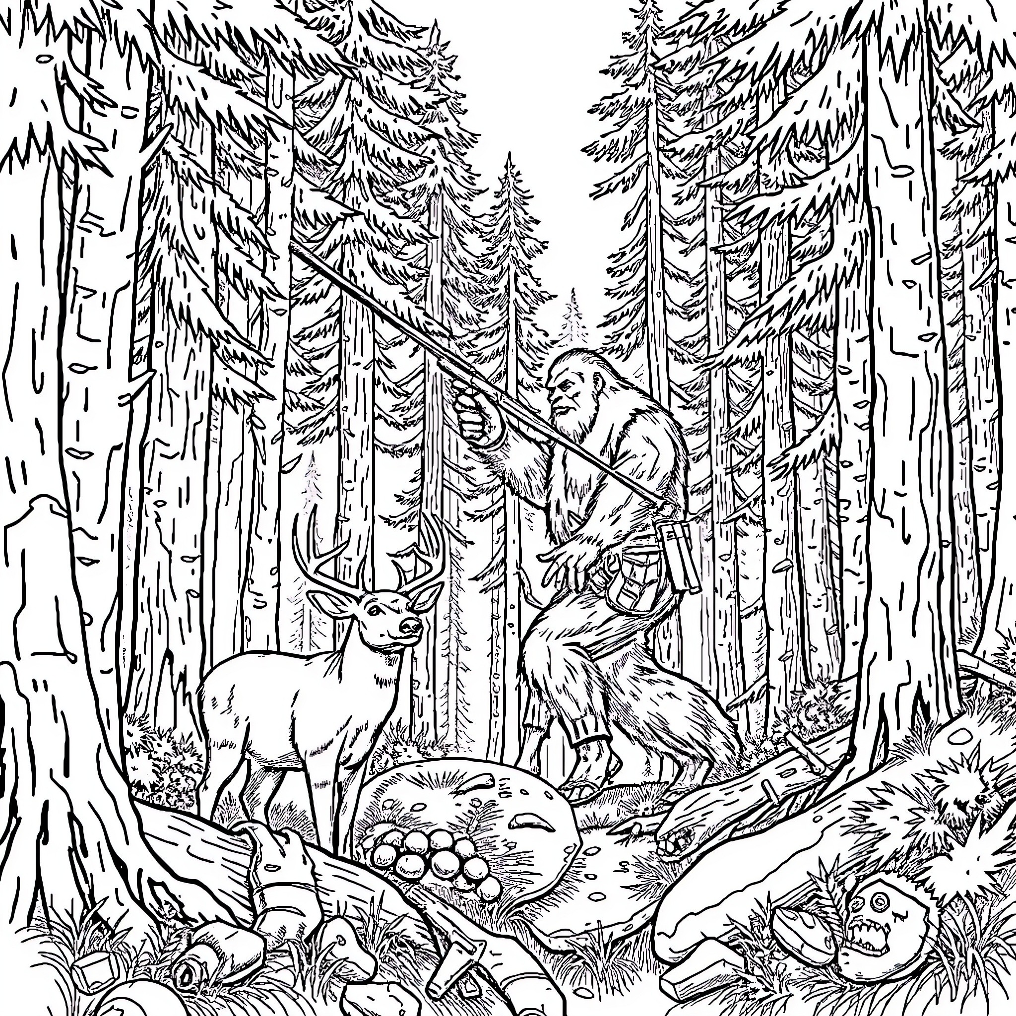 Deer encountering Bigfoot in the enchanted forest Coloring Page (free black-and-white line drawing printable PDF for all, from beginners to advanced learners, including children, teens, adults, and seniors)