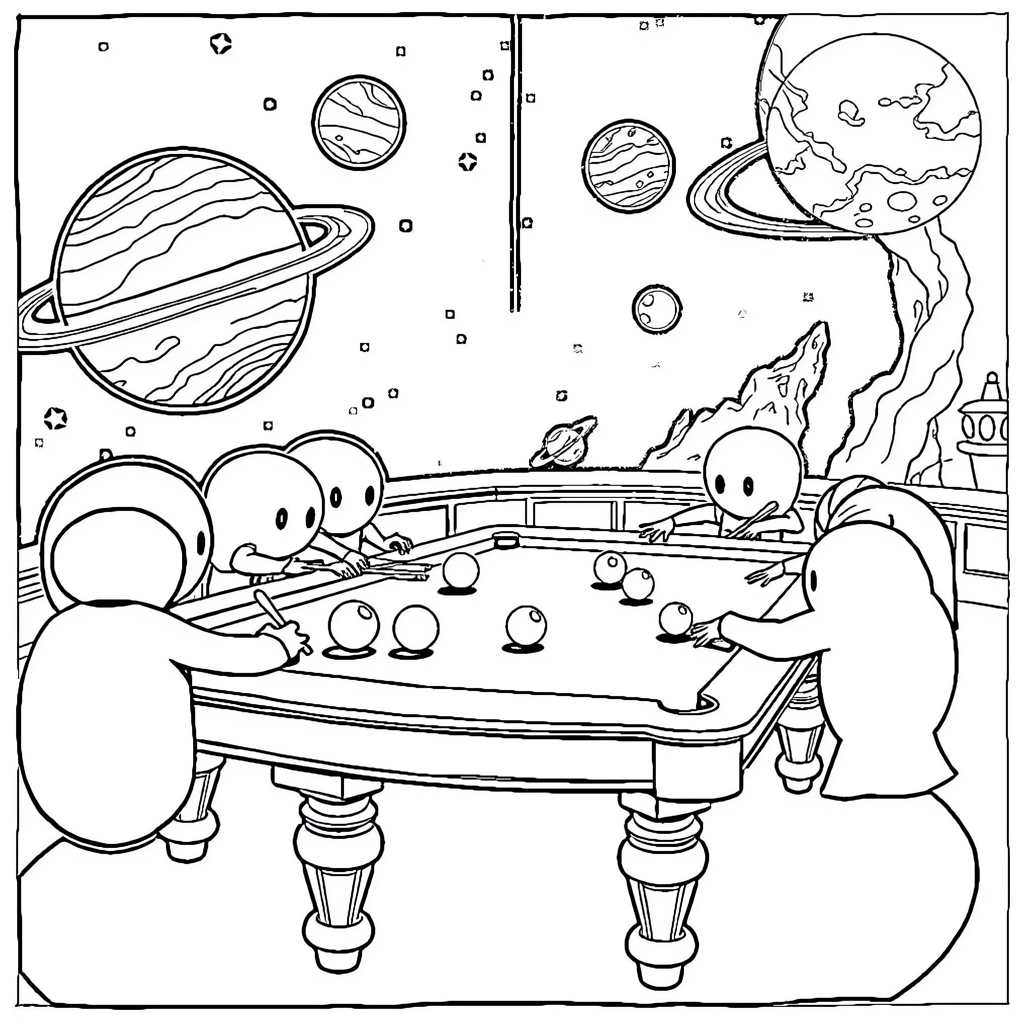Planet Billiards with Alien Astronomers Coloring Page (free black-and-white line drawing printable PDF for all, from beginners to advanced learners, including children, teens, adults, and seniors)