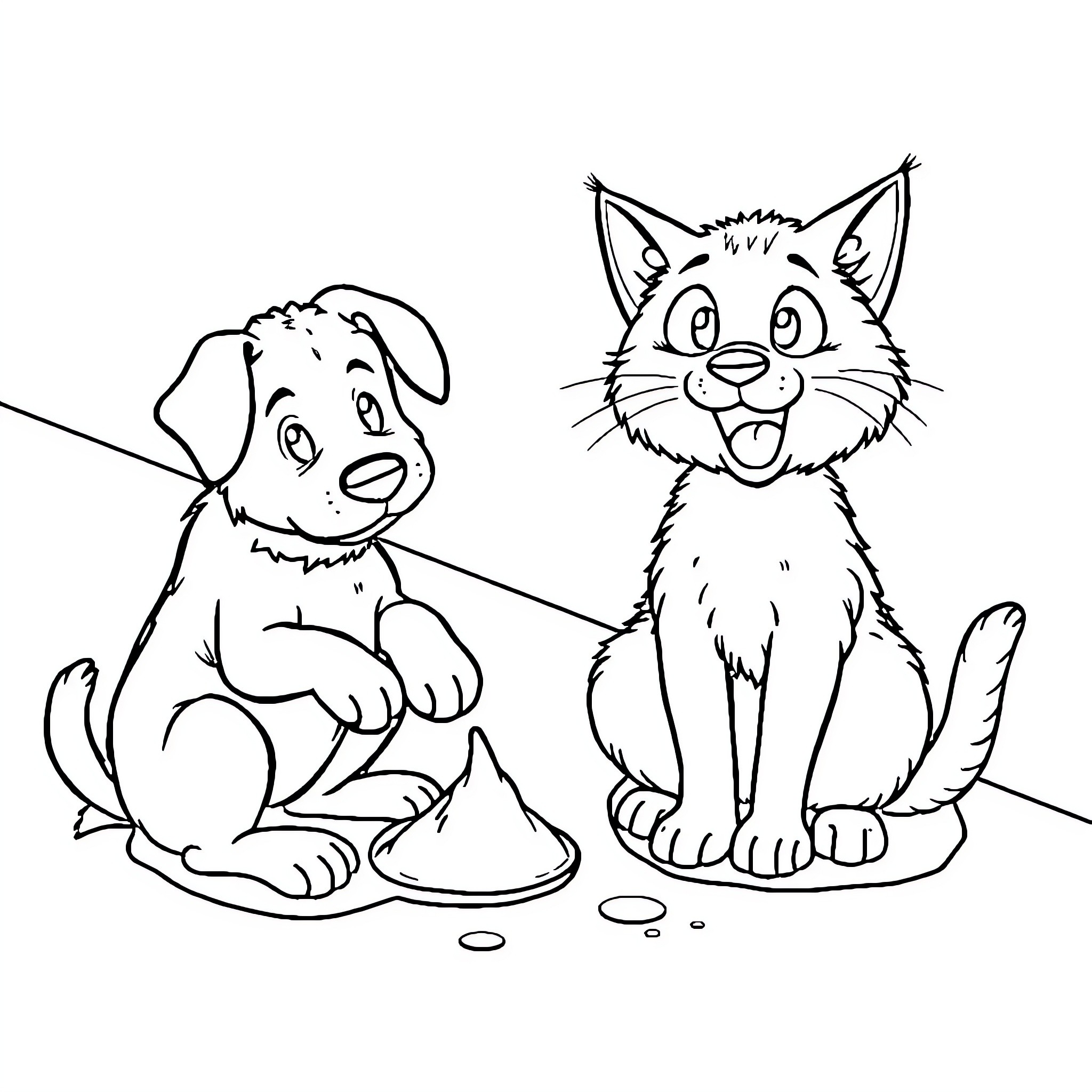 Dog and Cat Playing with Toys Coloring Page (free black-and-white line drawing printable PDF for all, from beginners to advanced learners, including children, teens, adults, and seniors)