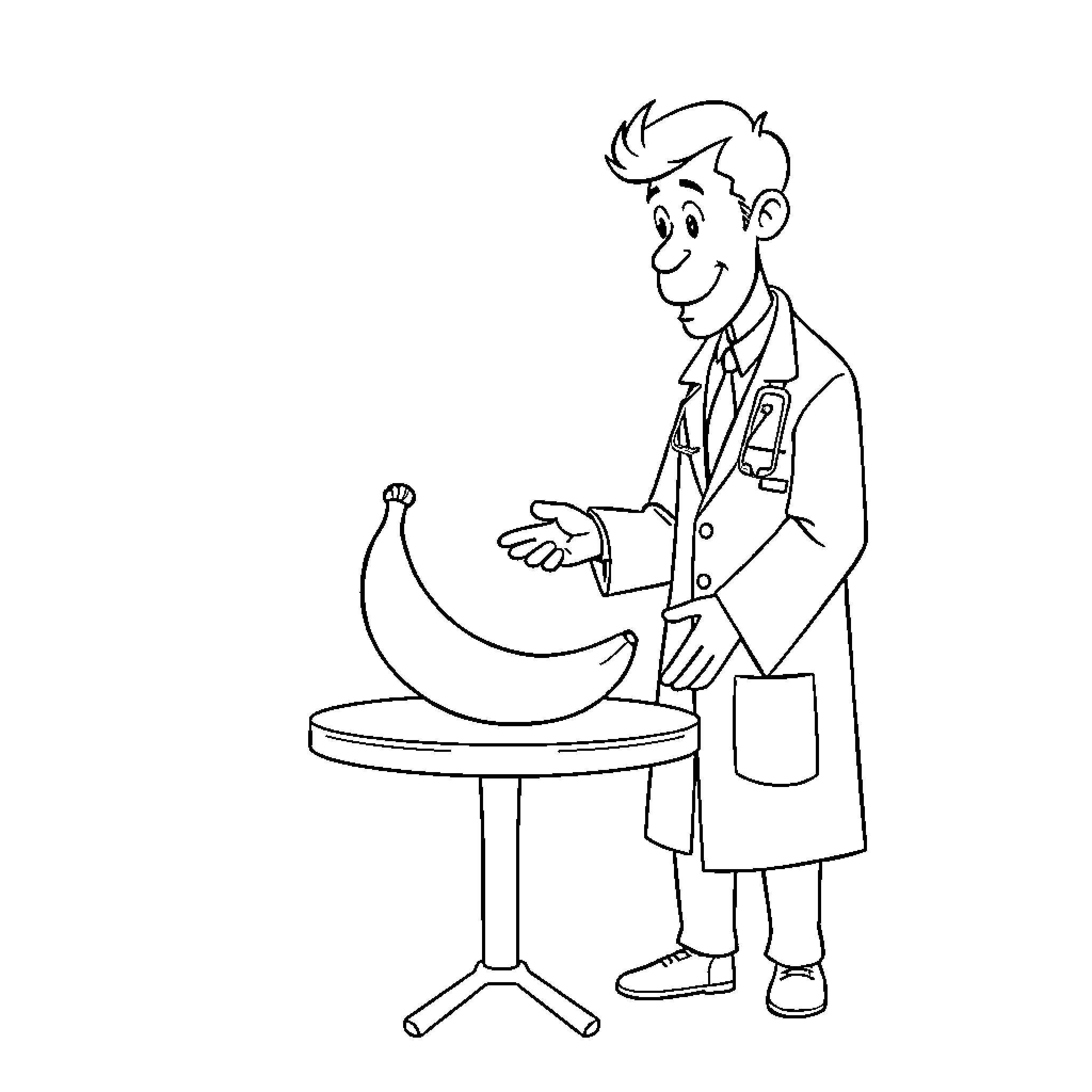 Doctor Examining a Banana on Examination Table Coloring Page (free black-and-white line drawing printable PDF for all, from beginners to advanced learners, including children, teens, adults, and seniors)