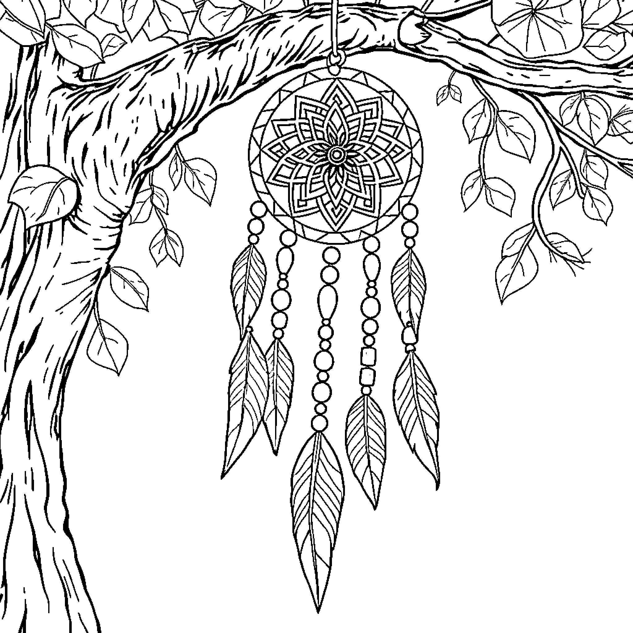 Dream Catcher Hanging on Leafy Tree Branch Coloring Page (free black-and-white line drawing printable PDF for all, from beginners to advanced learners, including children, teens, adults, and seniors)