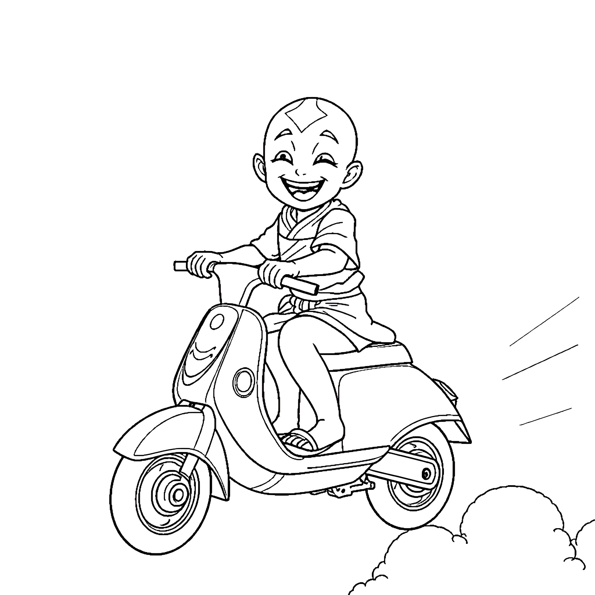 Aang riding a scooter with joy Coloring Page (free black-and-white line drawing printable PDF for all, from beginners to advanced learners, including children, teens, adults, and seniors)